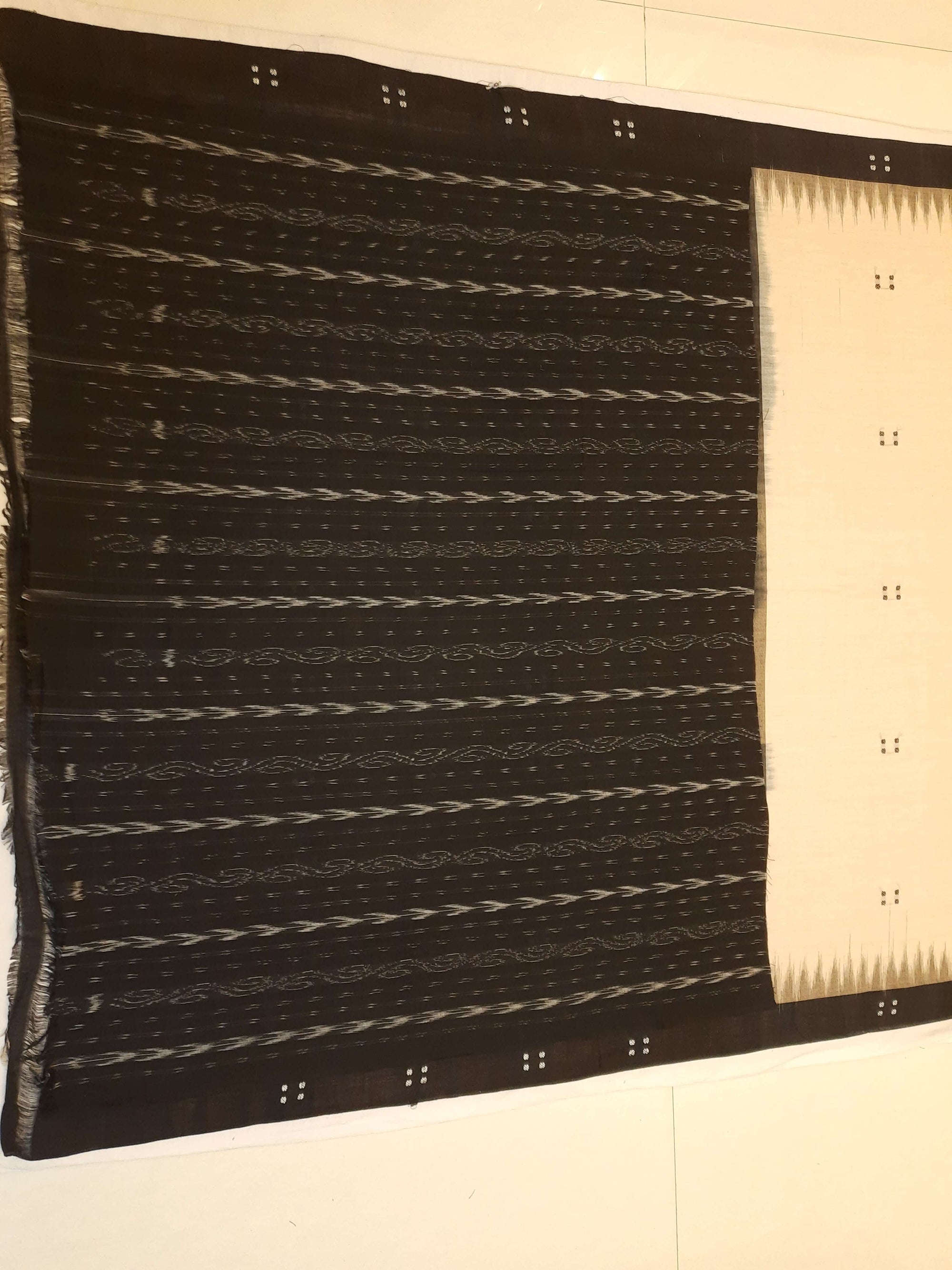 Beige with Black Cotton Odisha Ikat saree  with mix match cotton ikat blouse