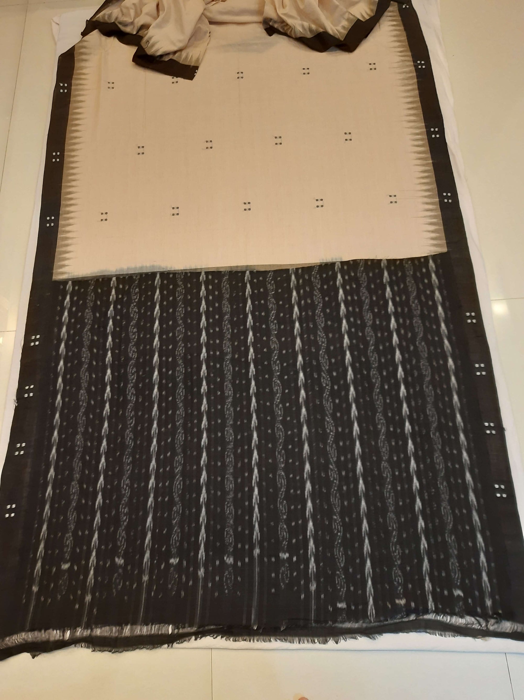 Beige with Black Cotton Odisha Ikat saree  with mix match cotton ikat blouse