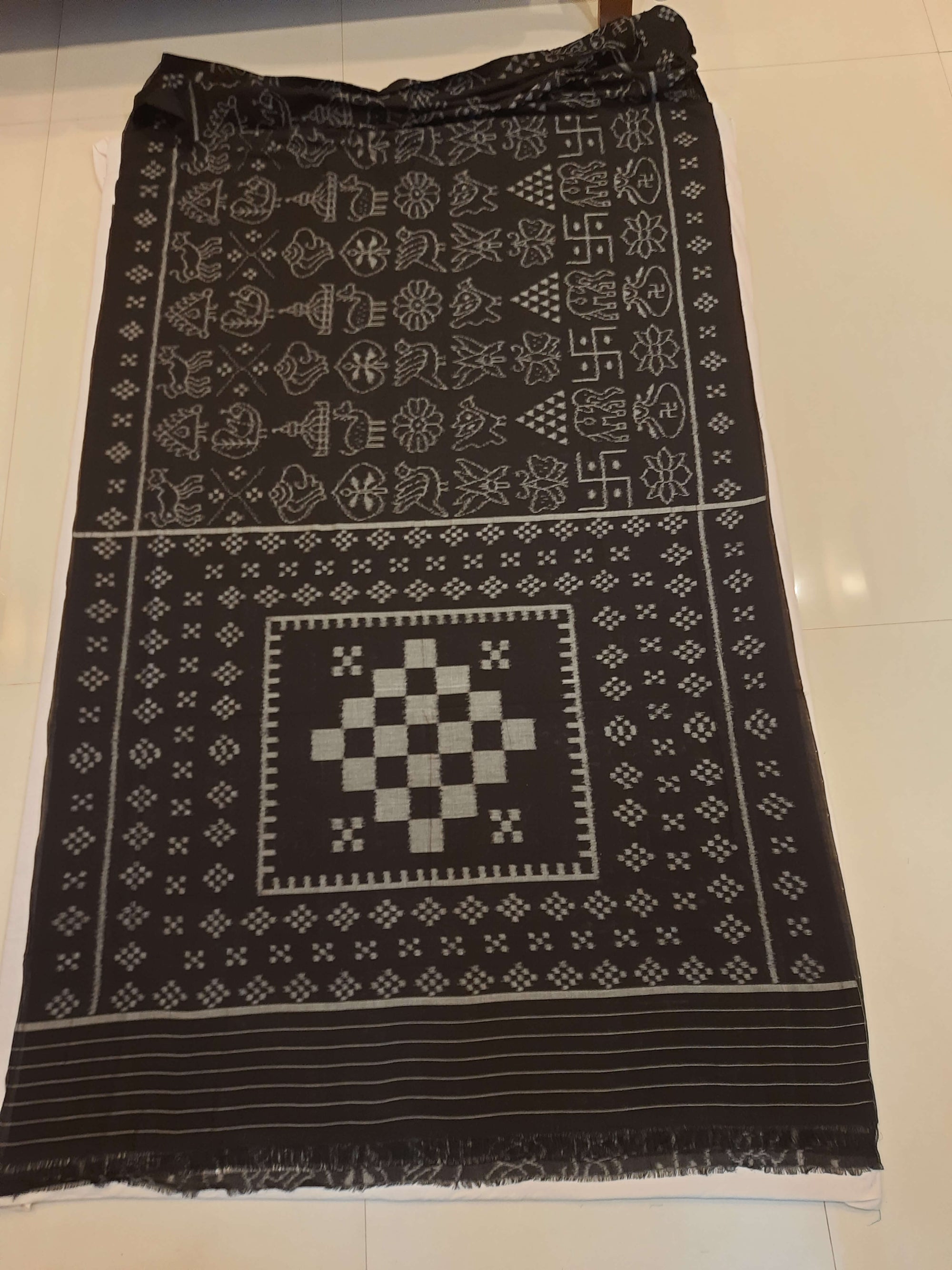 Black cotton Nabakothi Pattern ikat Saree with mix match red cotton Ikat blouse