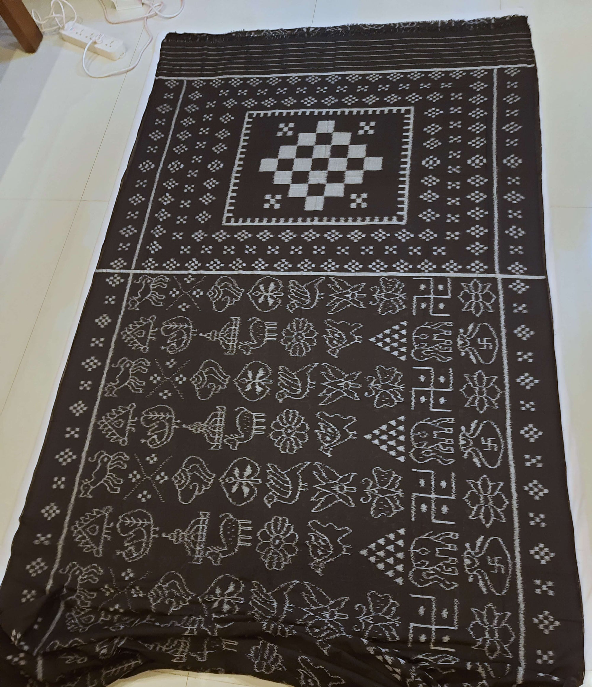 Black cotton Nabakothi Pattern ikat Saree with mix match red cotton Ikat blouse