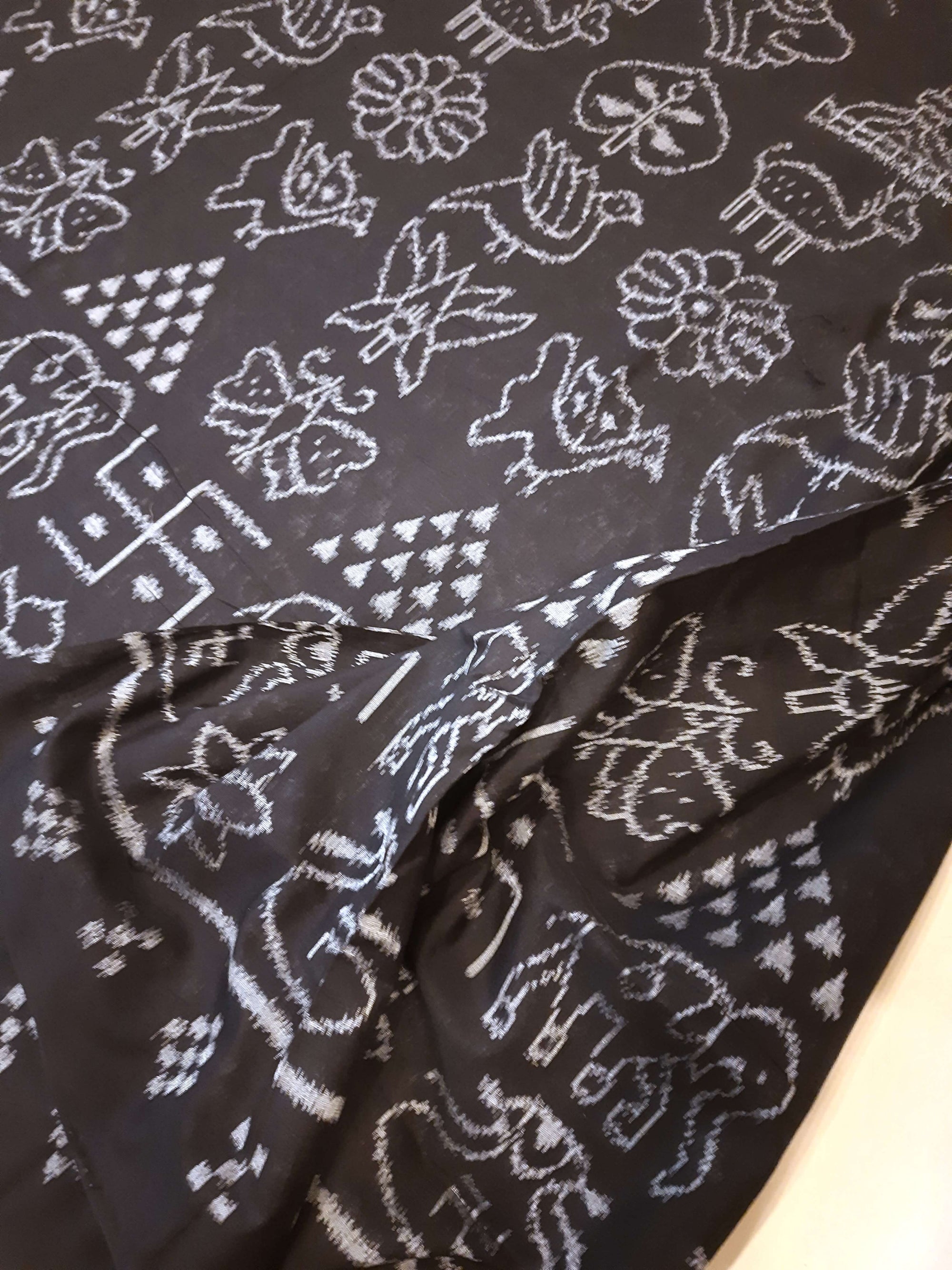 Black cotton Nabakothi Pattern ikat Saree with mix match red cotton Ikat blouse