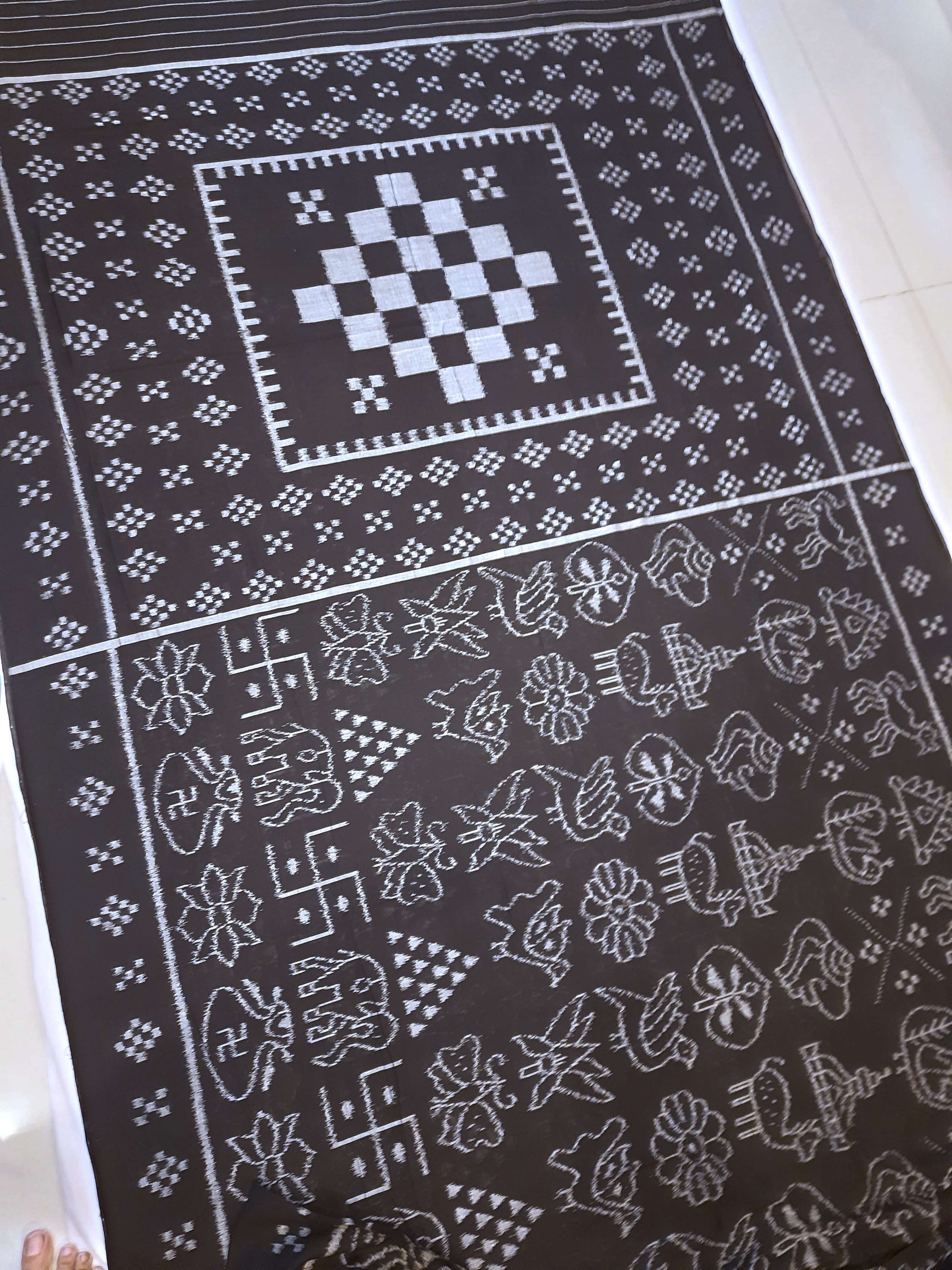 Black cotton Nabakothi Pattern ikat Saree with mix match red cotton Ikat blouse