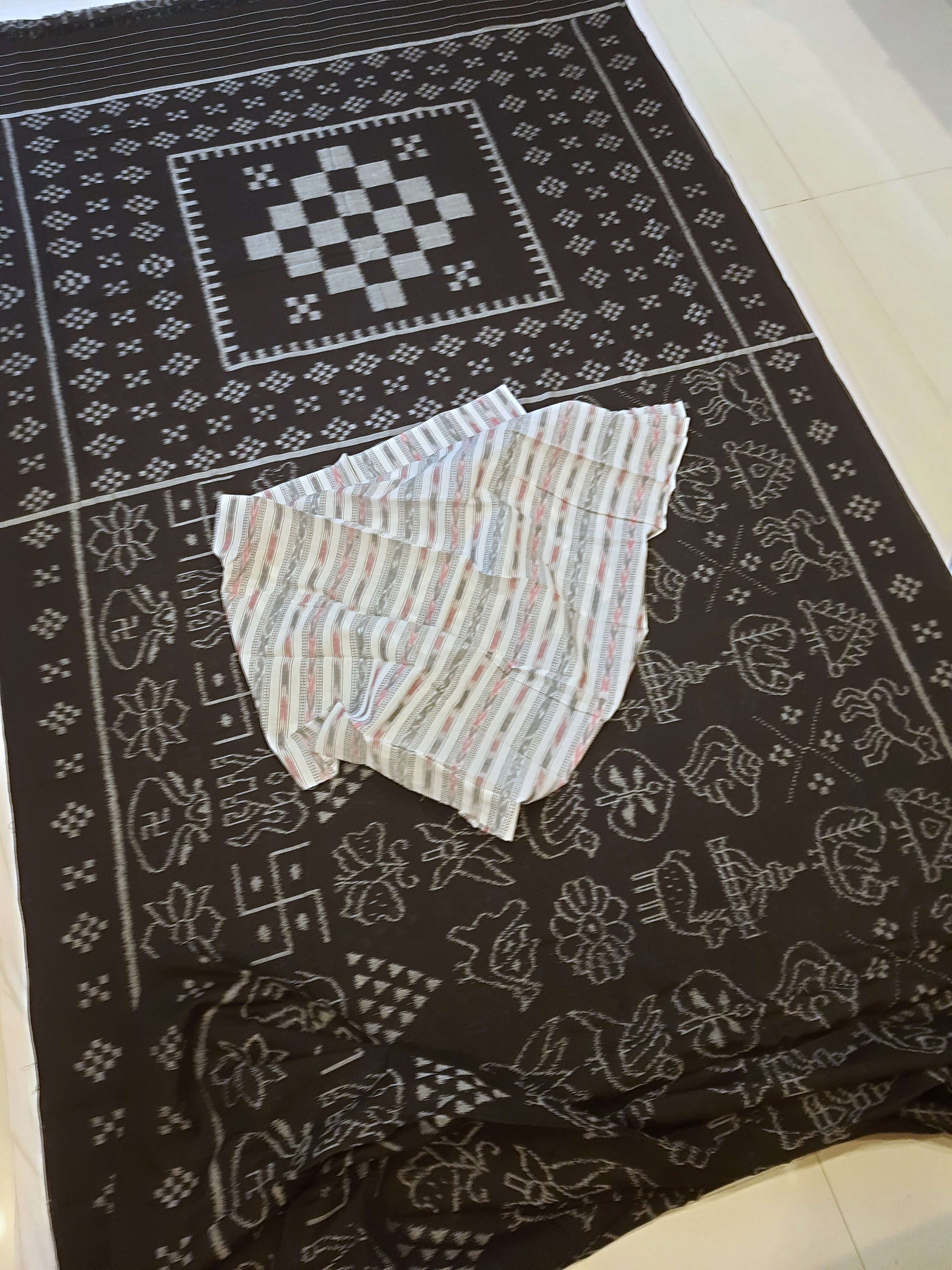 Black cotton Nabakothi Pattern ikat Saree with mix match red cotton Ikat blouse