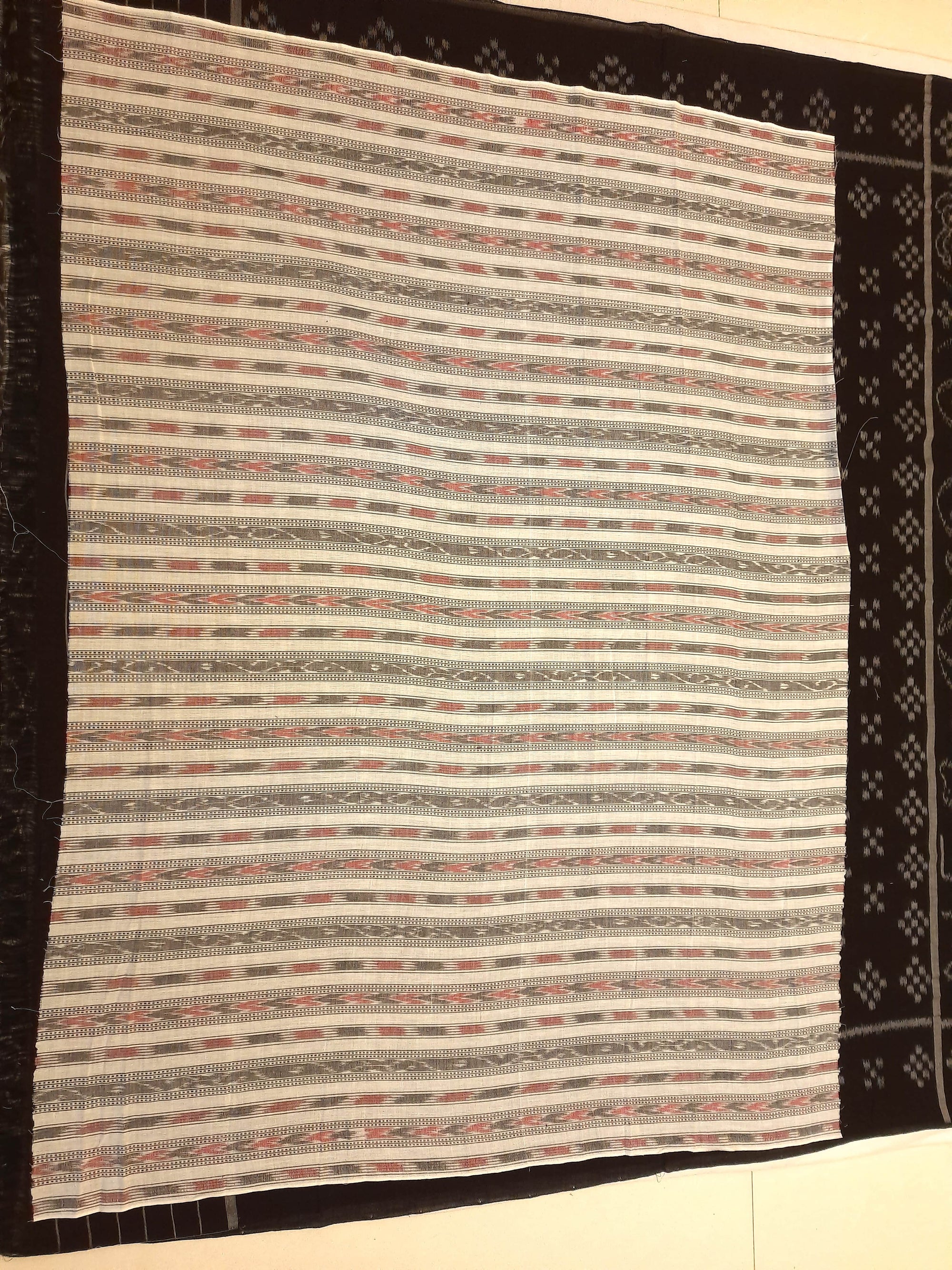 Black cotton Nabakothi Pattern ikat Saree with mix match red cotton Ikat blouse