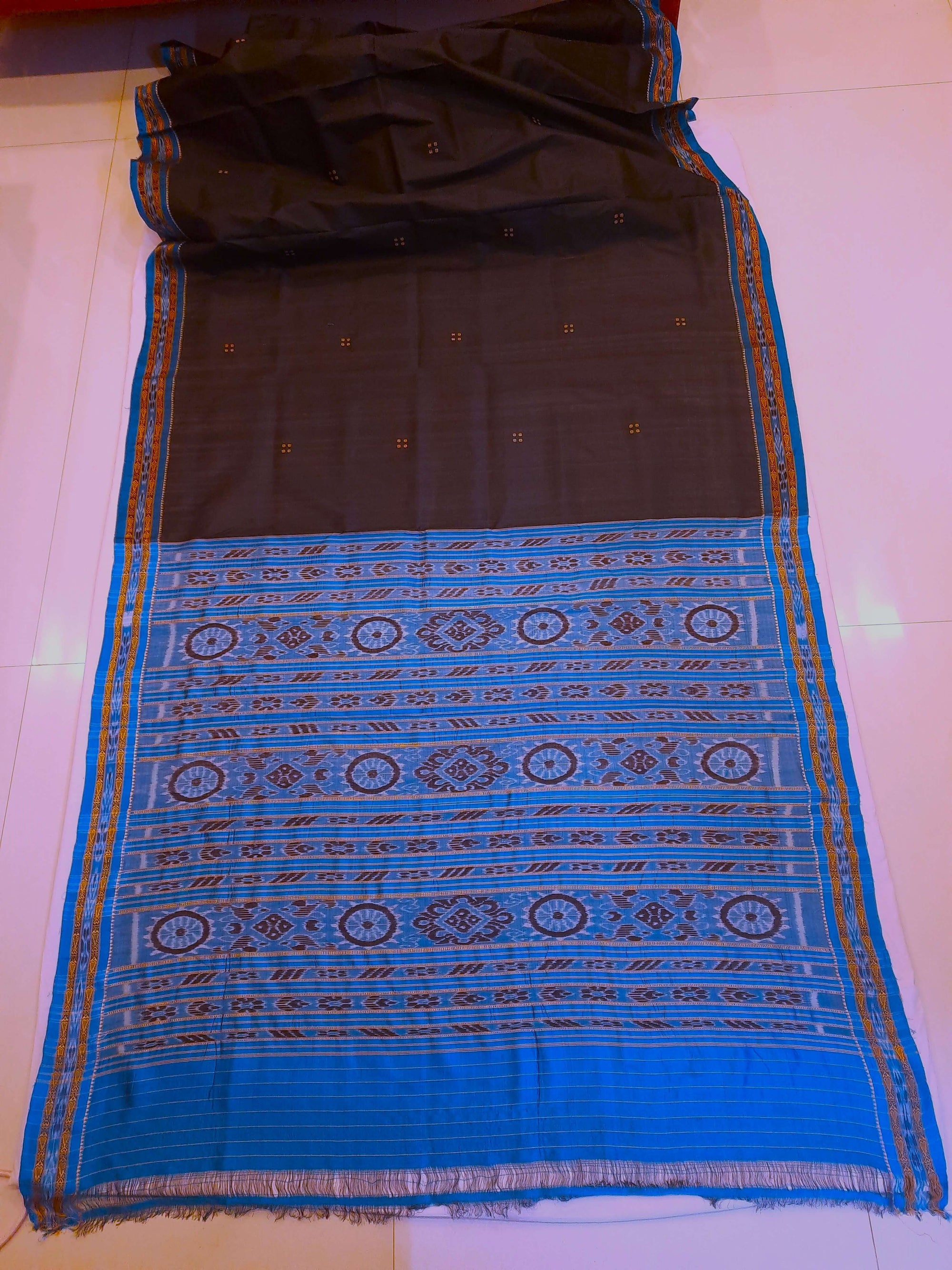 Black with Blue Fish motif Odisha Khandua Patta Silk Saree paired with cotton ikat blouse piece