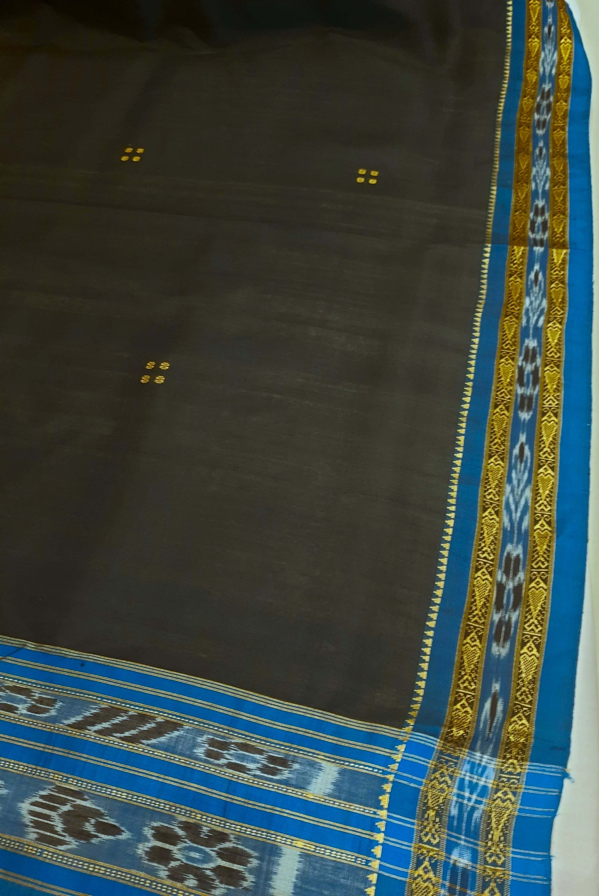 Black with Blue Fish motif Odisha Khandua Patta Silk Saree paired with cotton ikat blouse piece