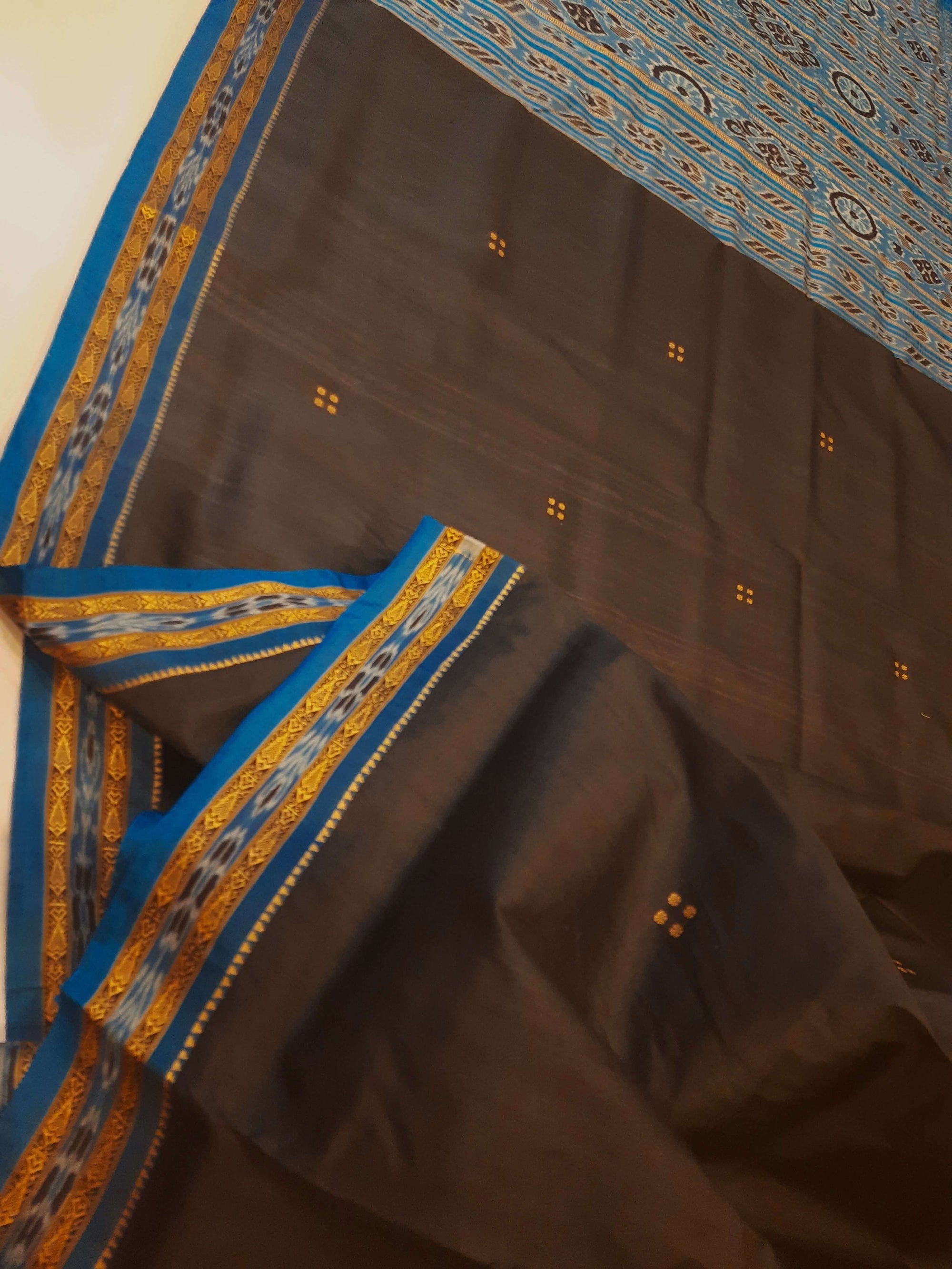 Black with Blue Fish motif Odisha Khandua Patta Silk Saree paired with cotton ikat blouse piece