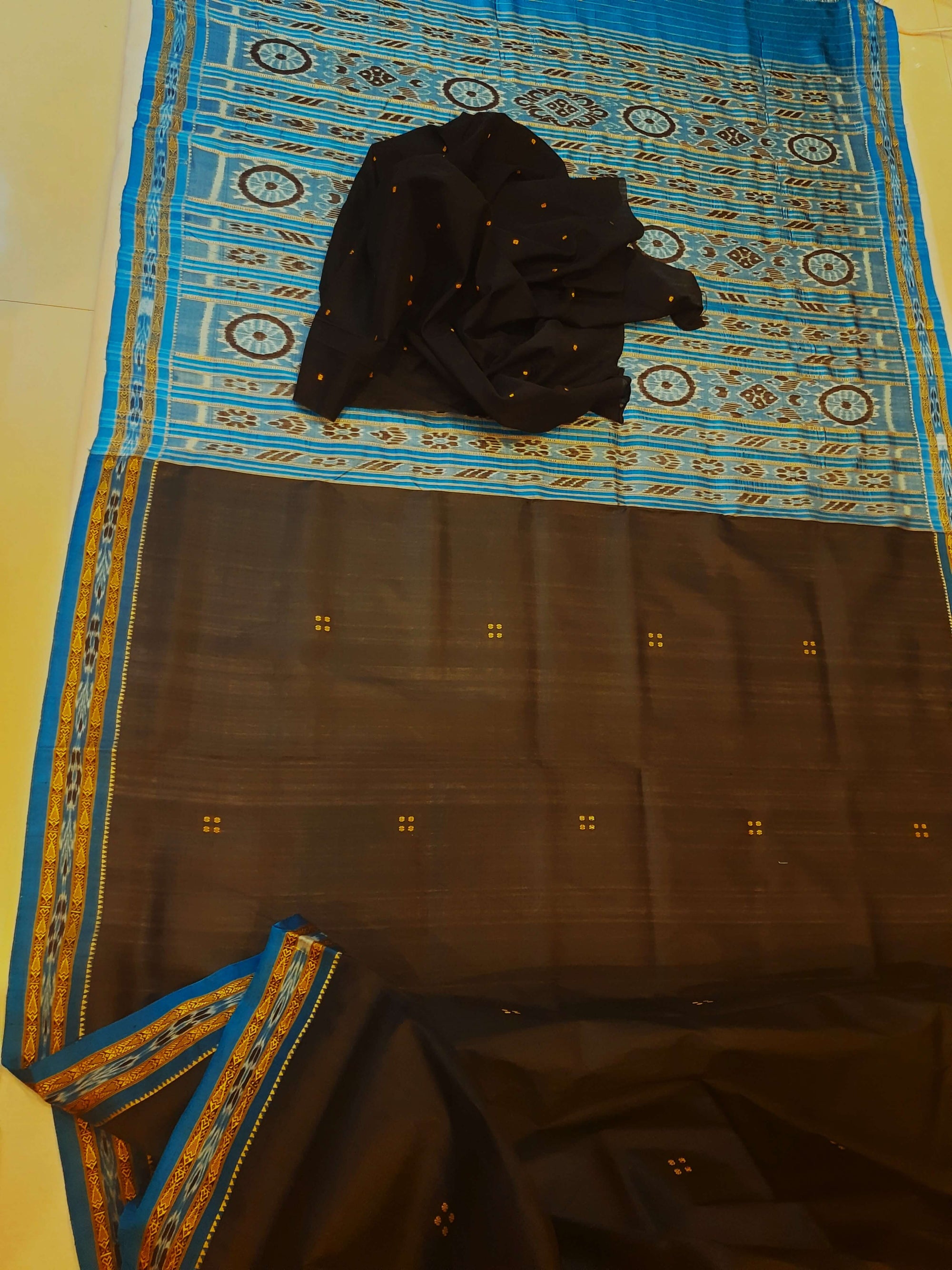 Black with Blue Fish motif Odisha Khandua Patta Silk Saree paired with cotton ikat blouse piece