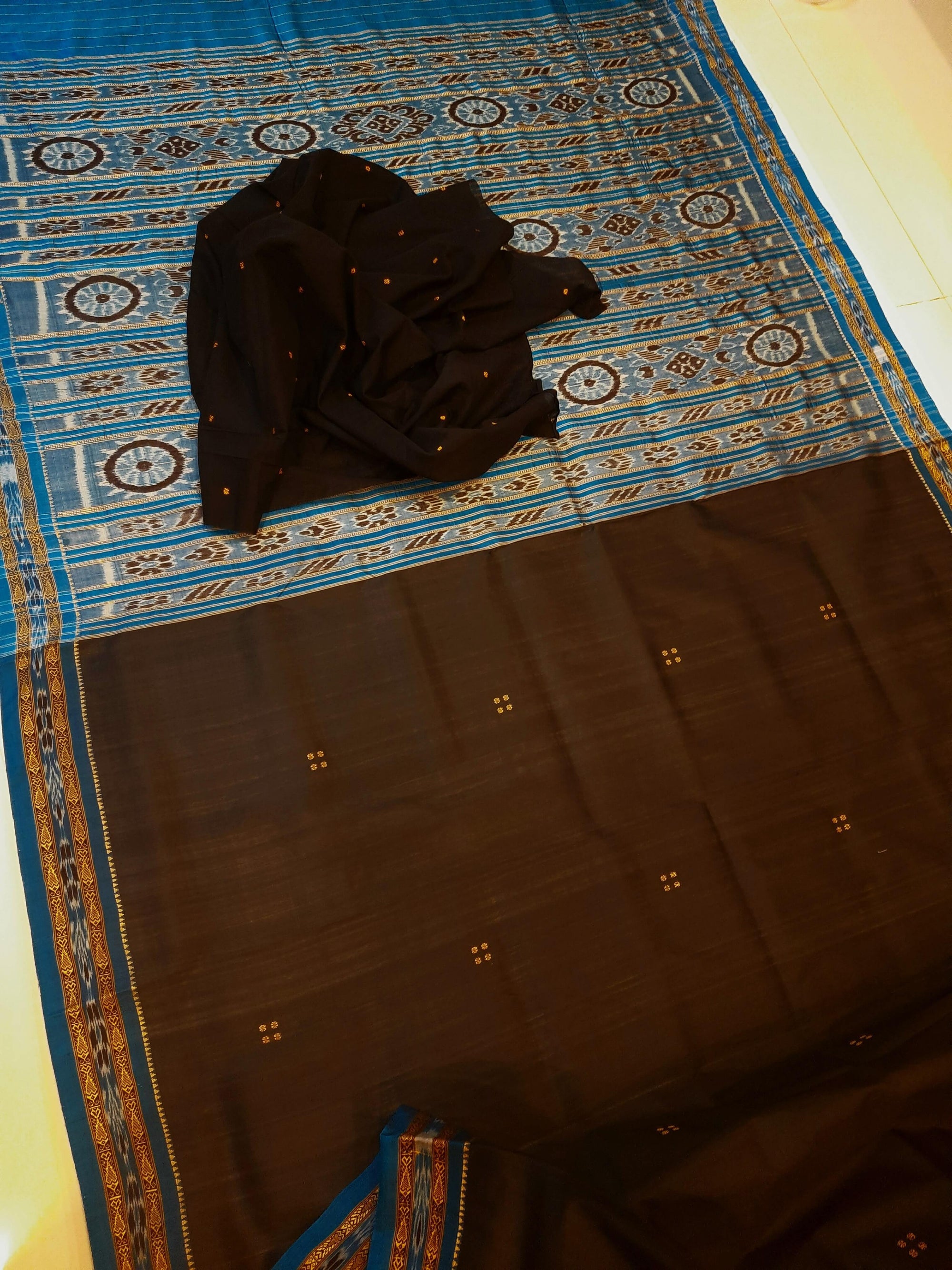 Black with Blue Fish motif Odisha Khandua Patta Silk Saree paired with cotton ikat blouse piece