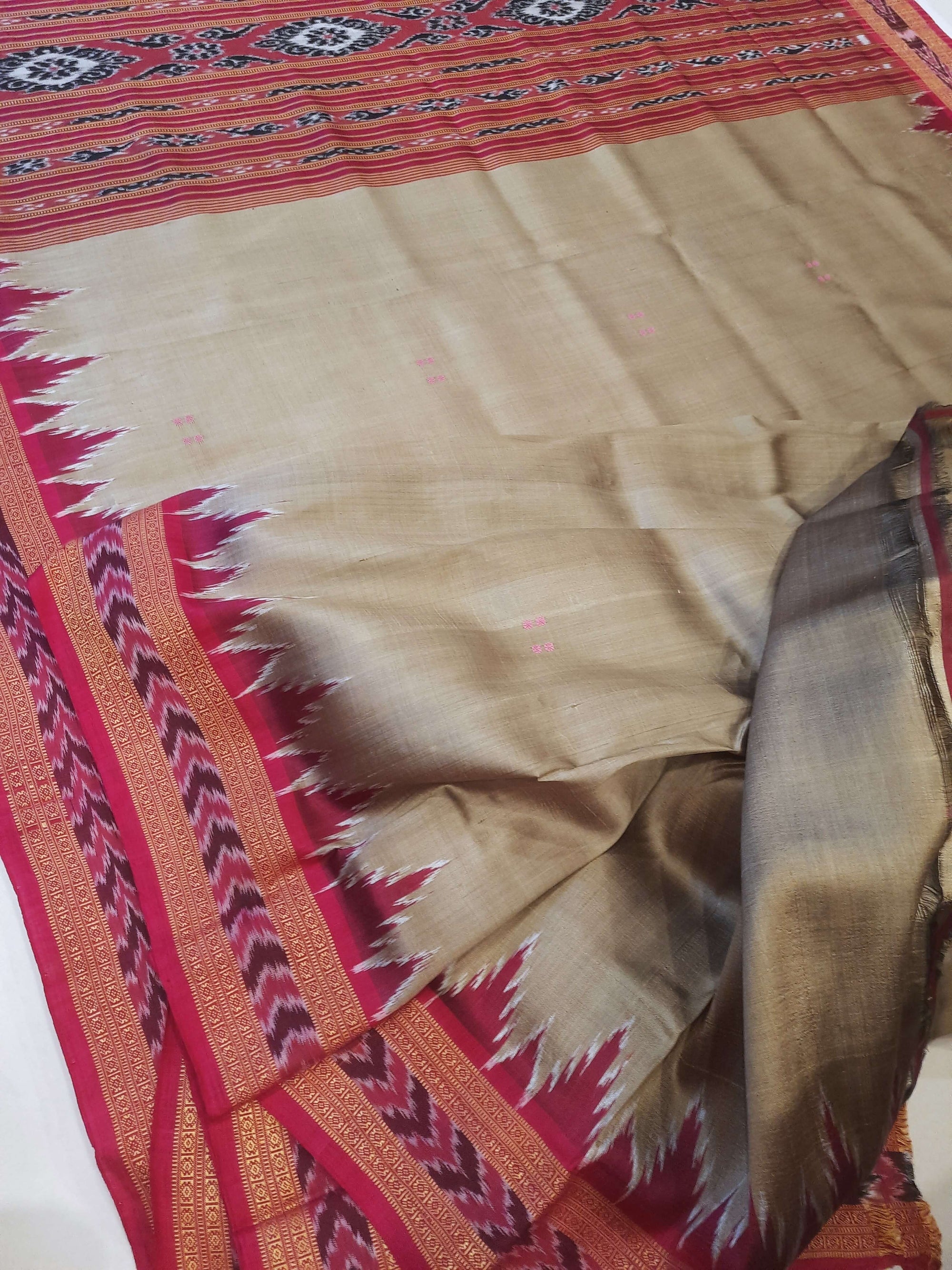 GreenishGrey with Pink Odisha Khandua Patta Silk Saree with running blouse piece