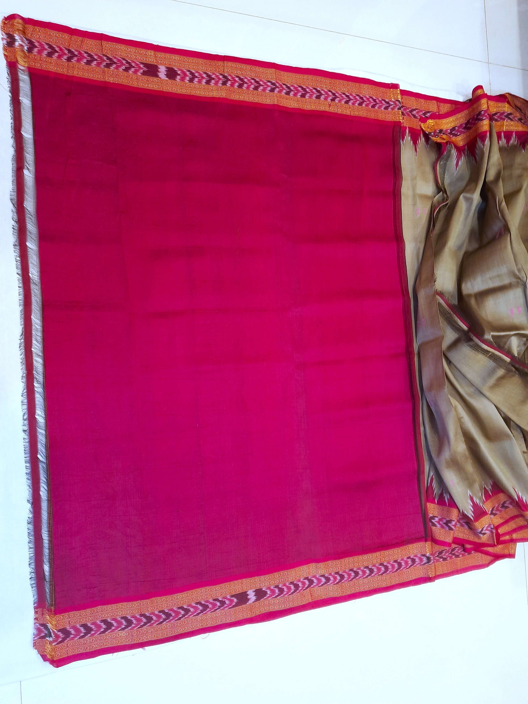 GreenishGrey with Pink Odisha Khandua Patta Silk Saree with running blouse piece