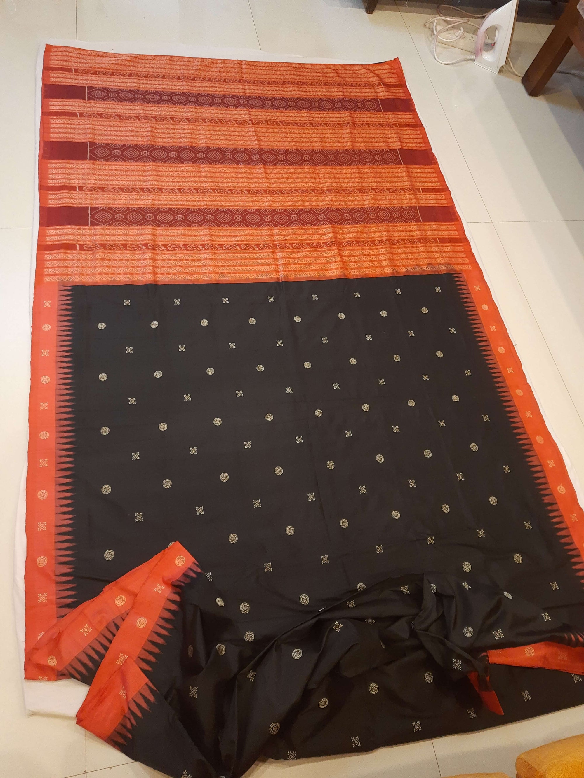 Black with Tamoto Red Sambalpuri Silk Saree with running plain blouse piece