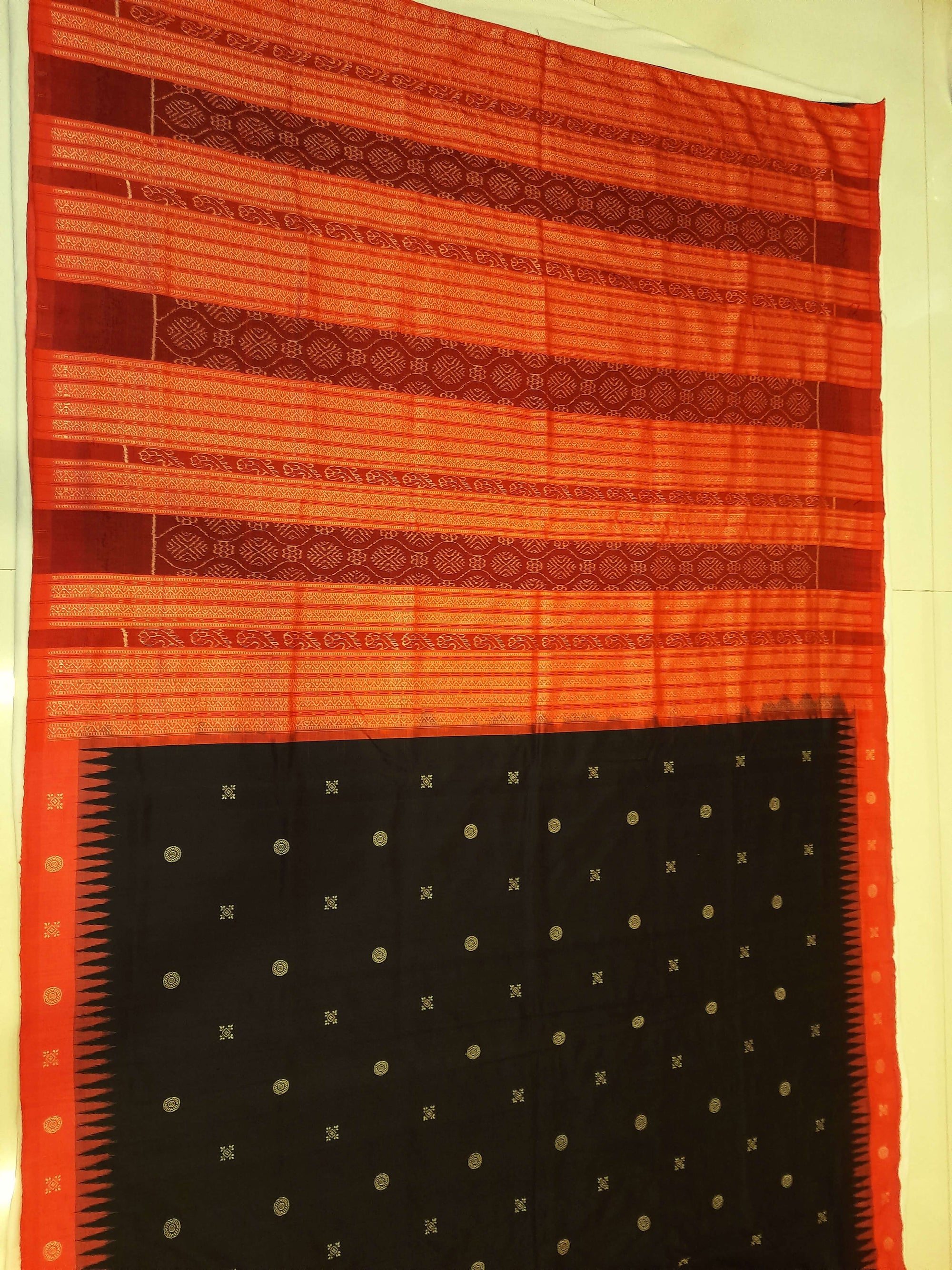 Black with Tamoto Red Sambalpuri Silk Saree with running plain blouse piece