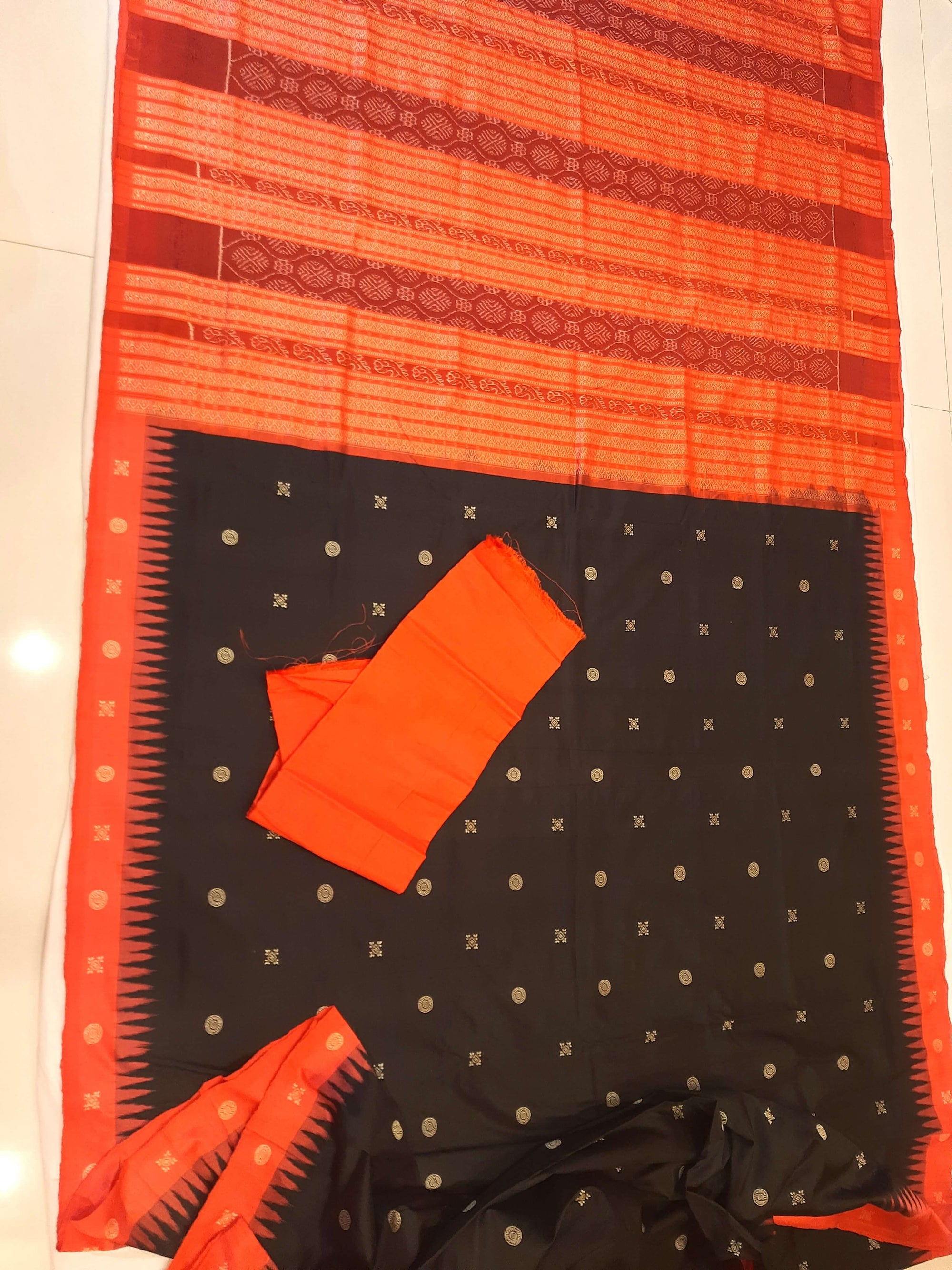 Black with Tamoto Red Sambalpuri Silk Saree with running plain blouse piece