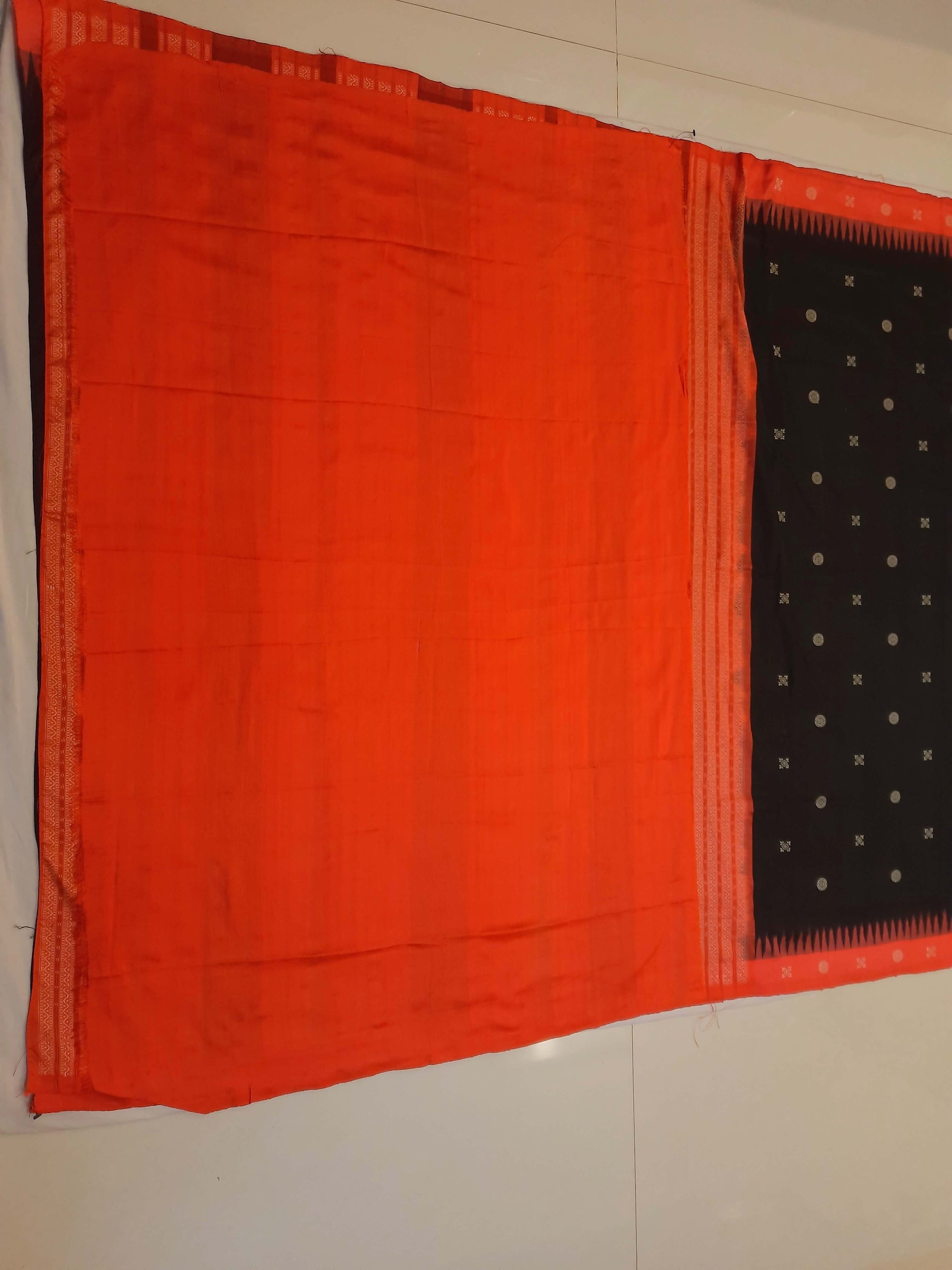 Black with Tamoto Red Sambalpuri Silk Saree with running plain blouse piece
