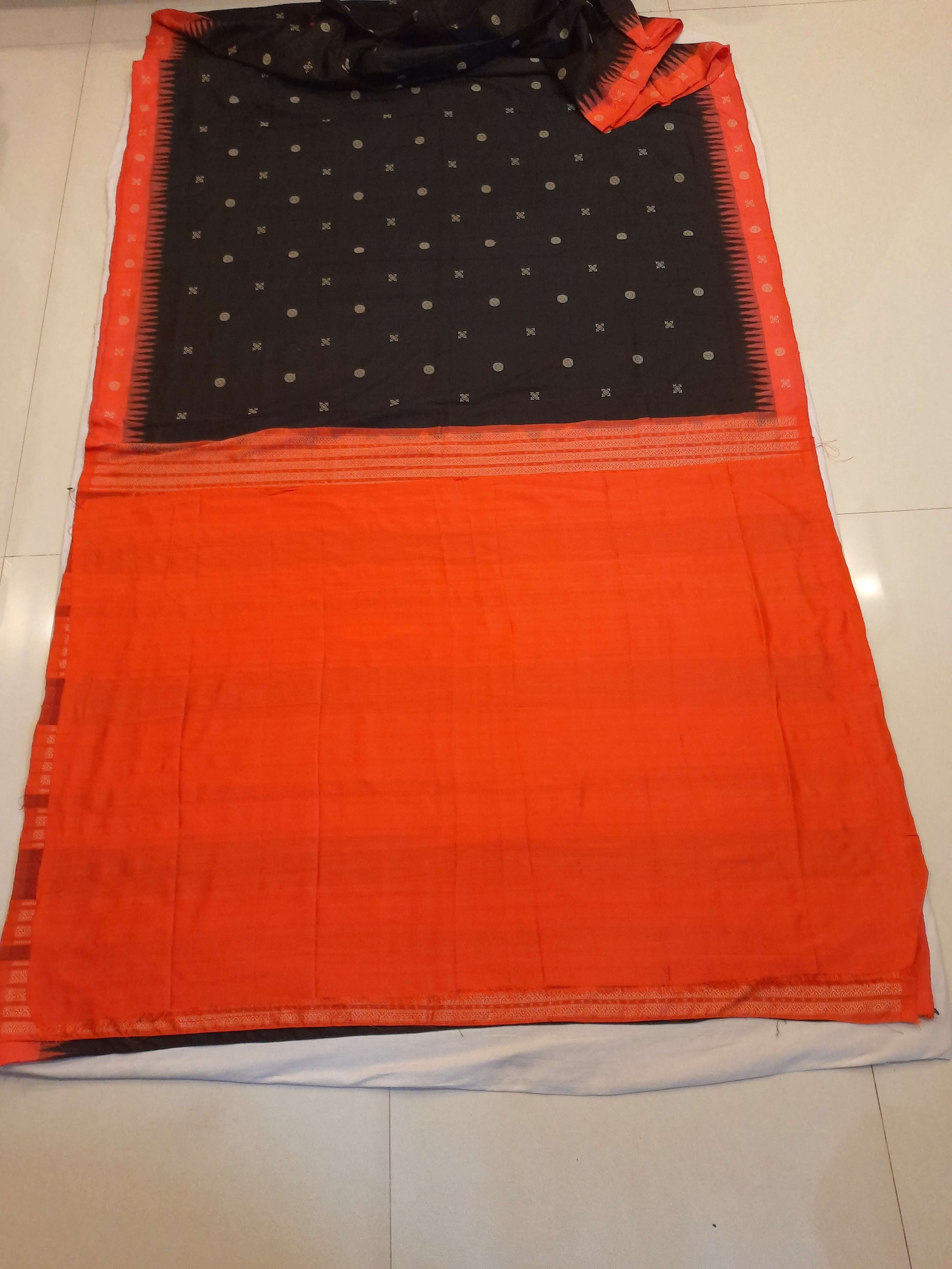Black with Tamoto Red Sambalpuri Silk Saree with running plain blouse piece