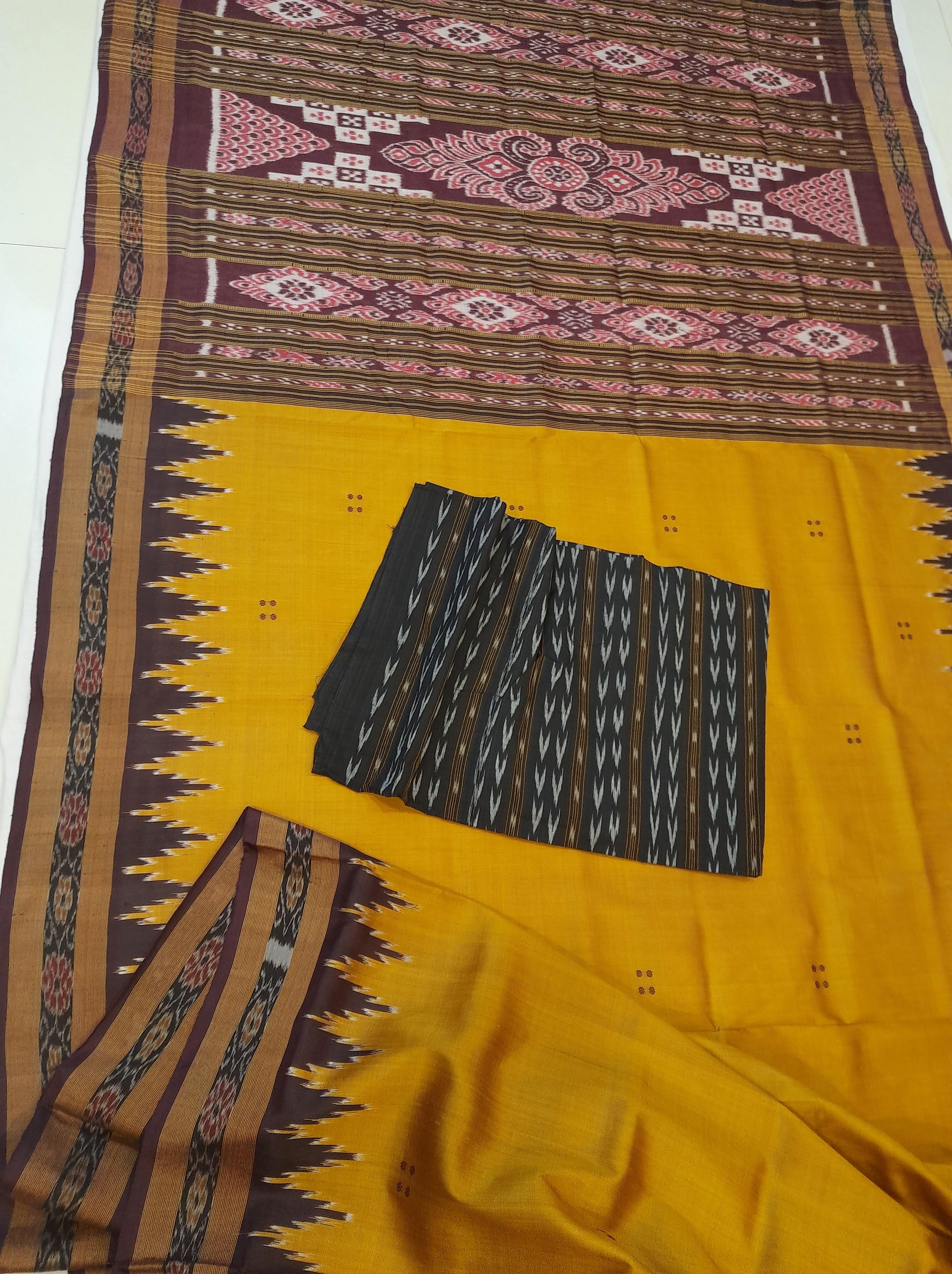 Golden Odisha Khandua Patta Silk Saree paired with cotton ikat blouse piece