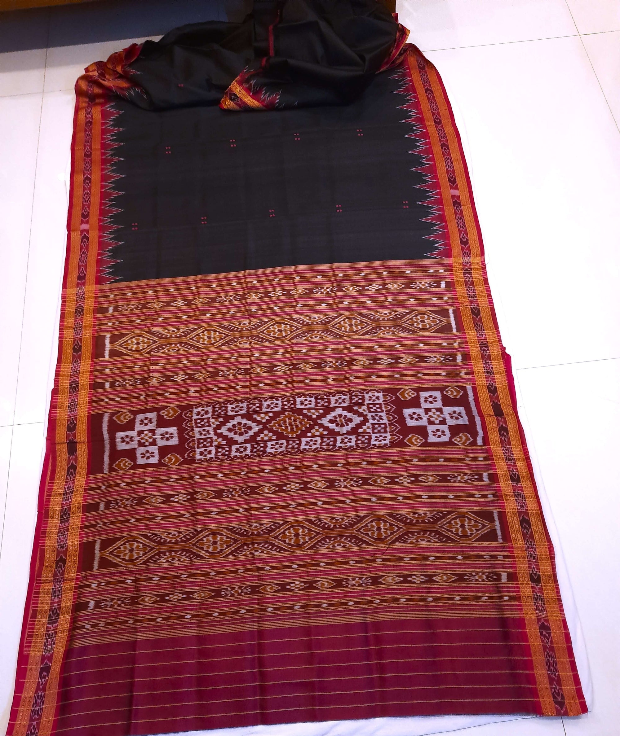 Black with Pink Odisha Khandua Patta Silk Saree with running blouse piece