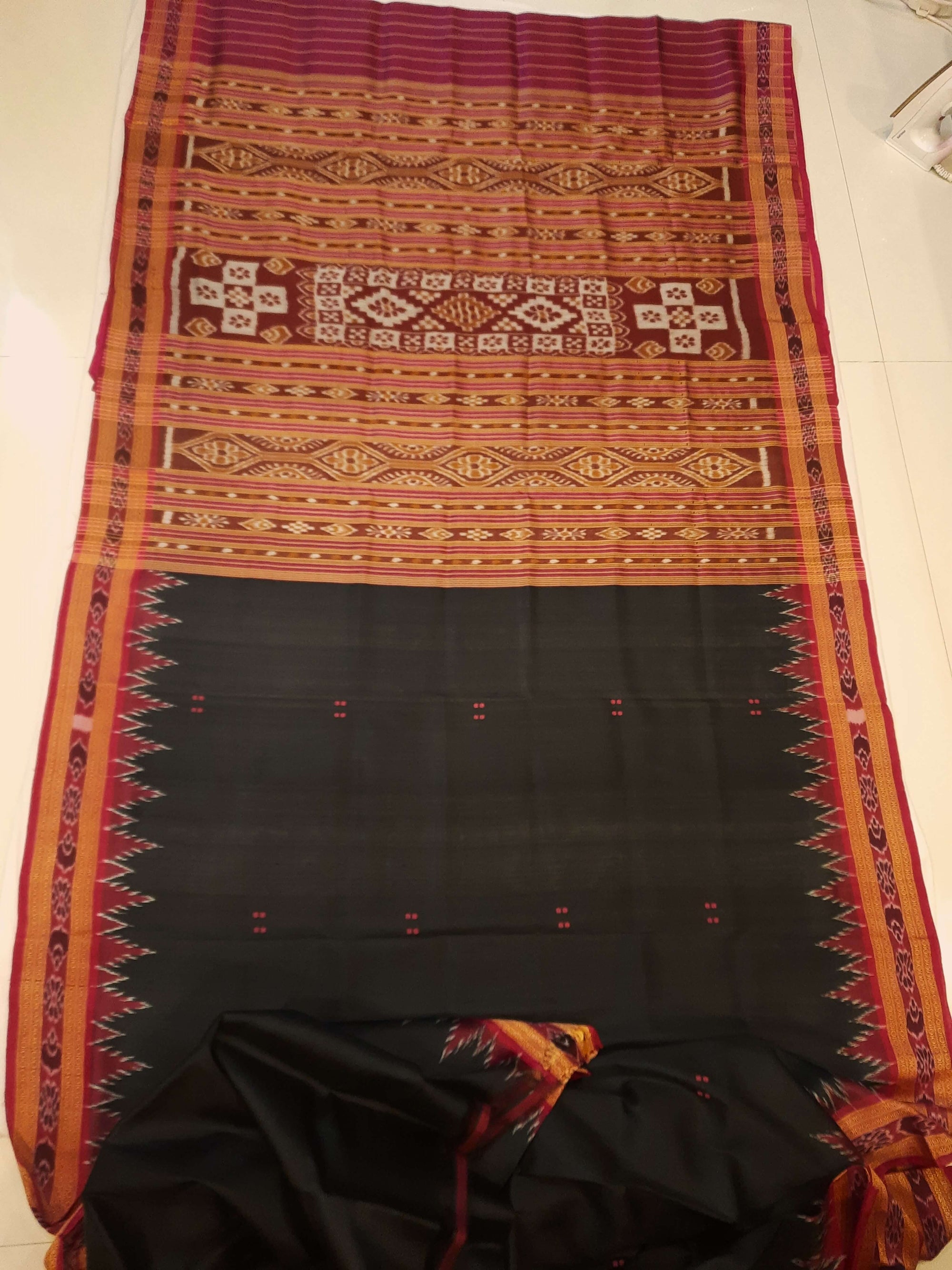 Black with Pink Odisha Khandua Patta Silk Saree with running blouse piece