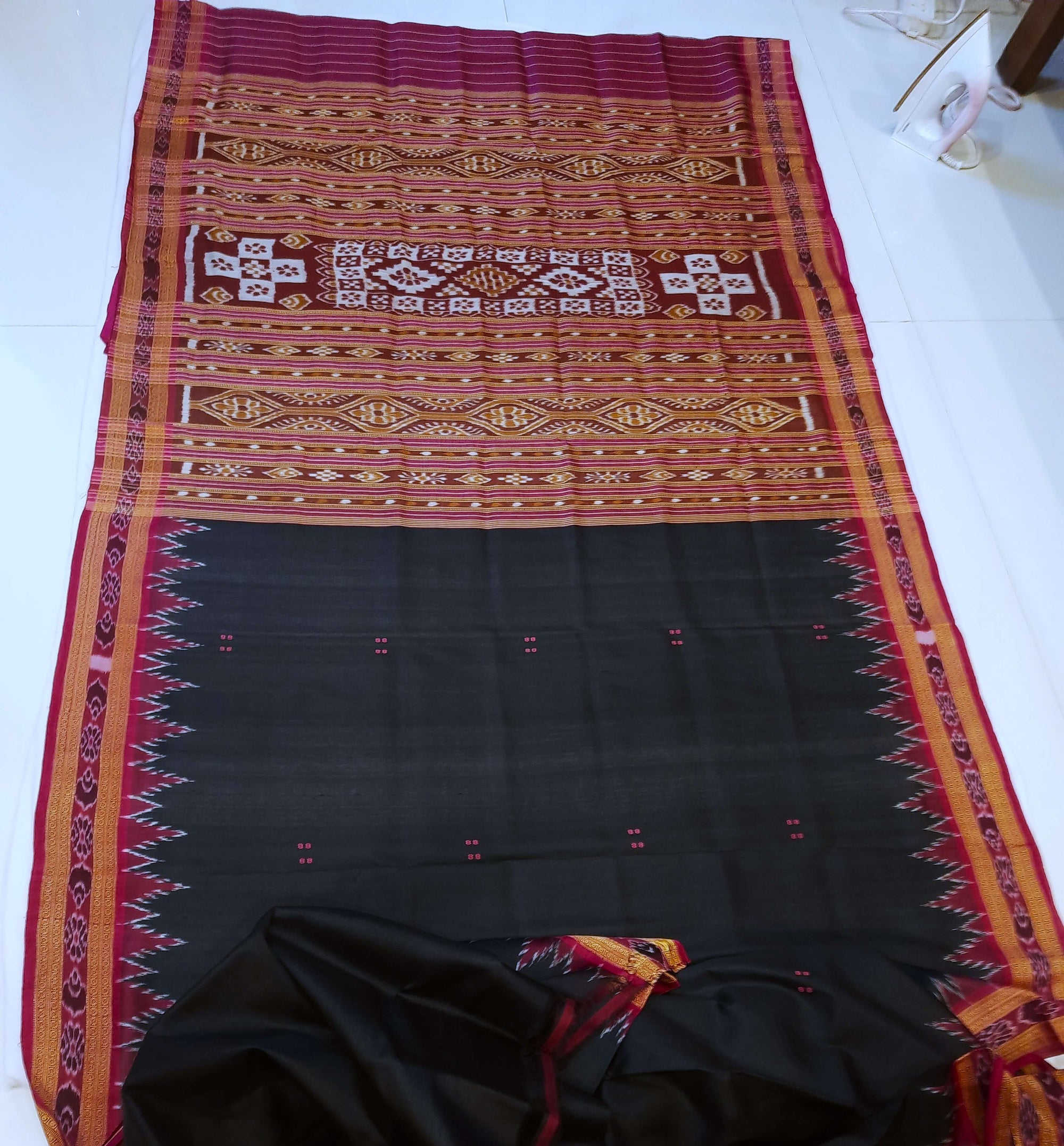 Black with Pink Odisha Khandua Patta Silk Saree with running blouse piece