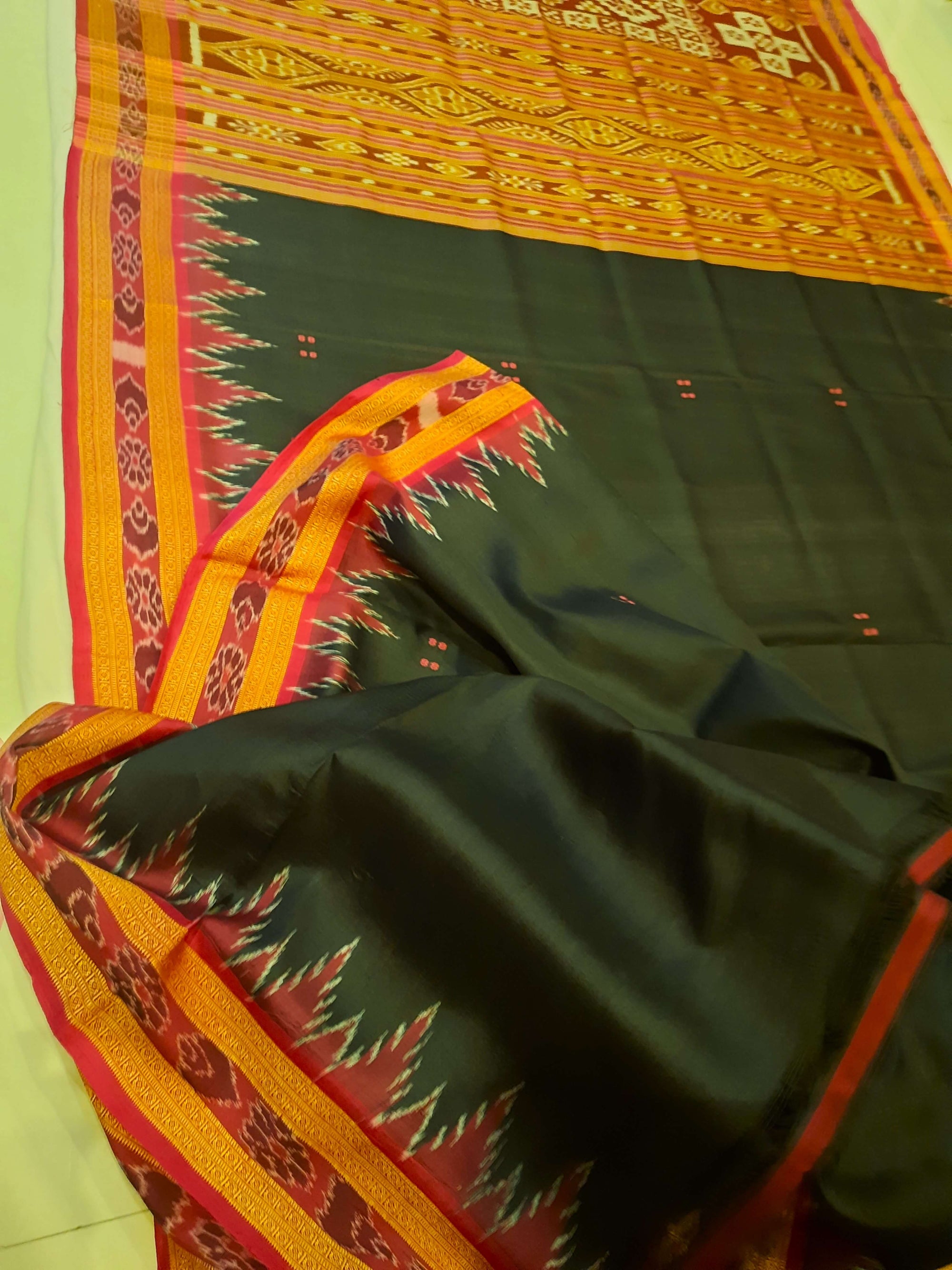 Black with Pink Odisha Khandua Patta Silk Saree with running blouse piece