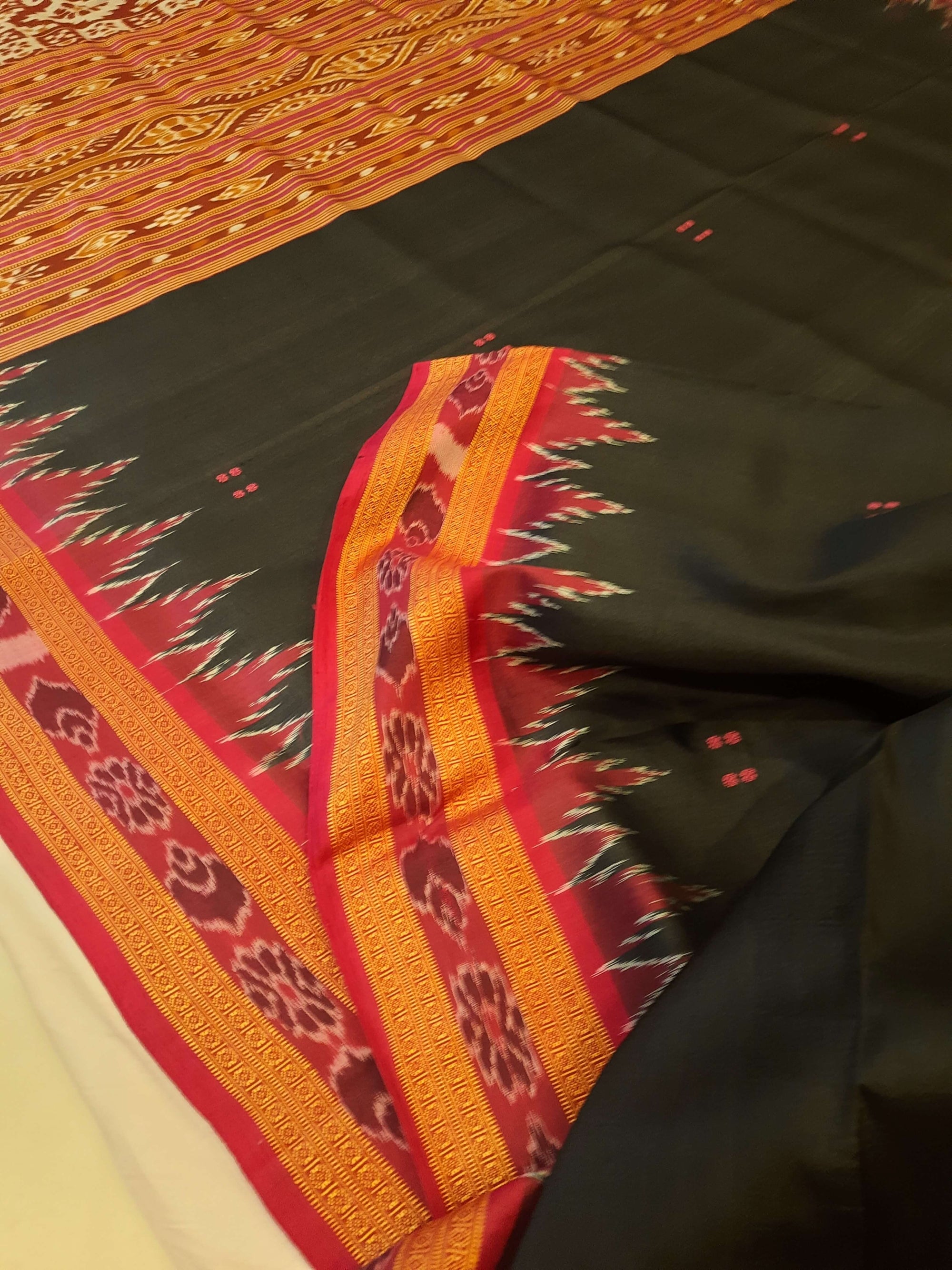 Black with Pink Odisha Khandua Patta Silk Saree with running blouse piece