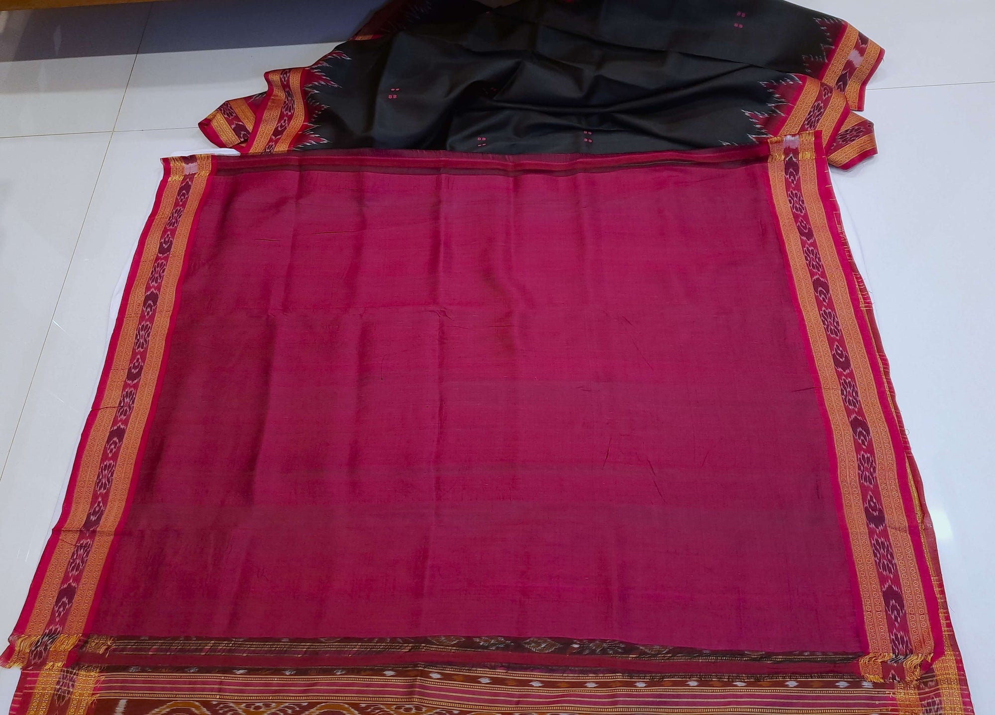 Black with Pink Odisha Khandua Patta Silk Saree with running blouse piece