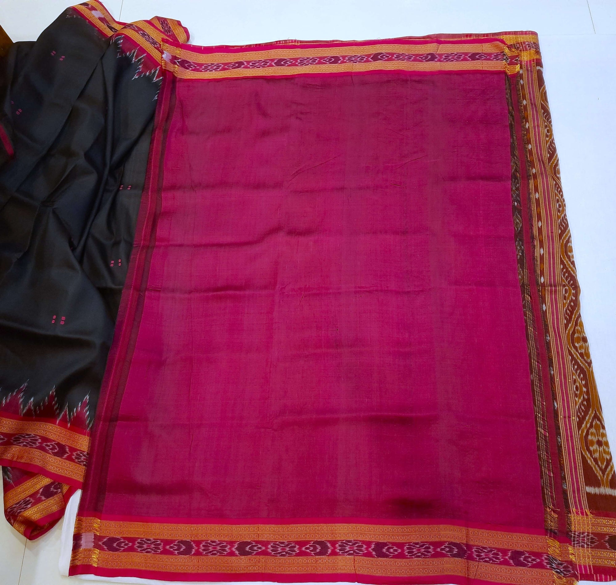 Black with Pink Odisha Khandua Patta Silk Saree with running blouse piece