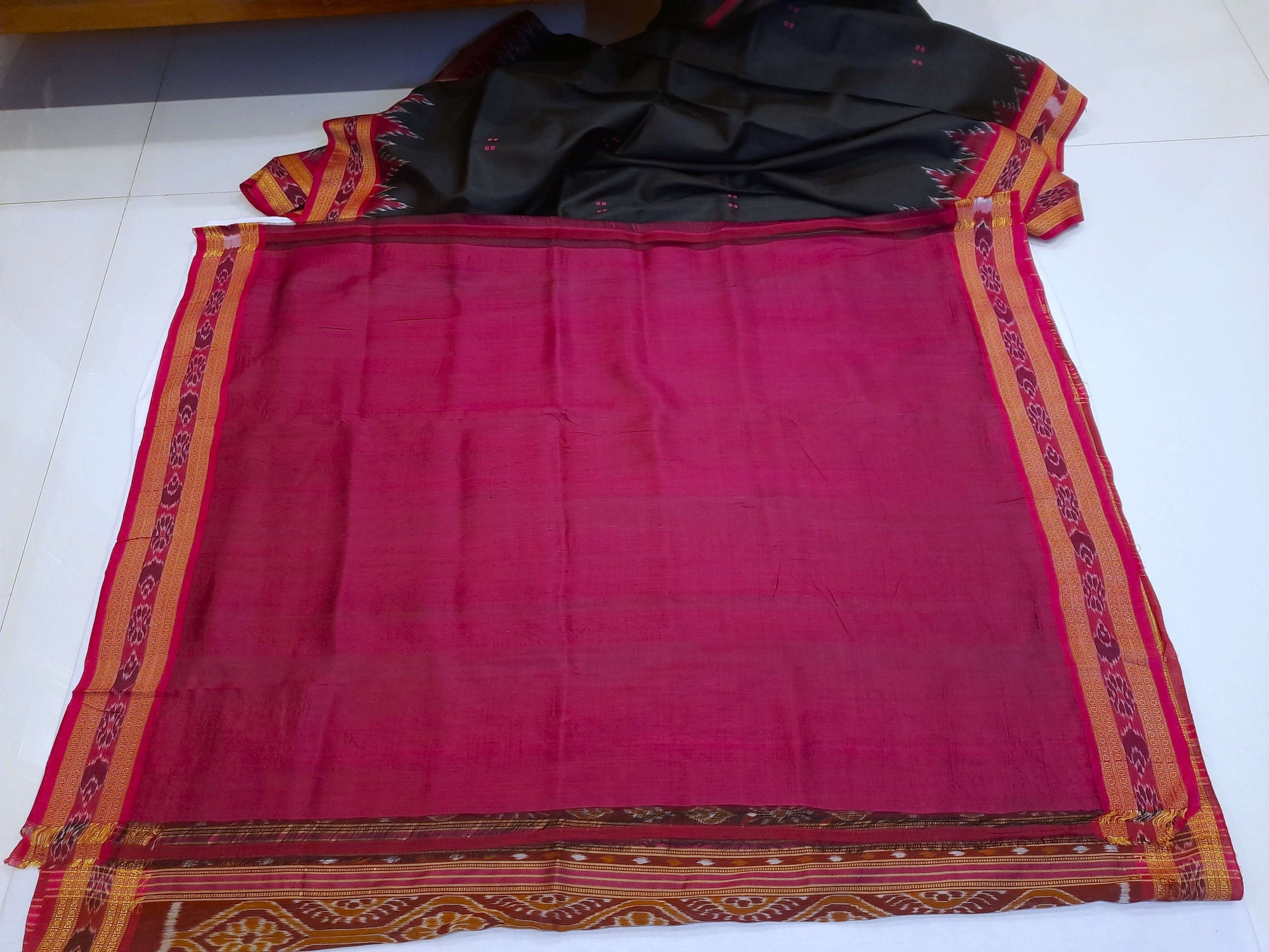 Black with Pink Odisha Khandua Patta Silk Saree with running blouse piece
