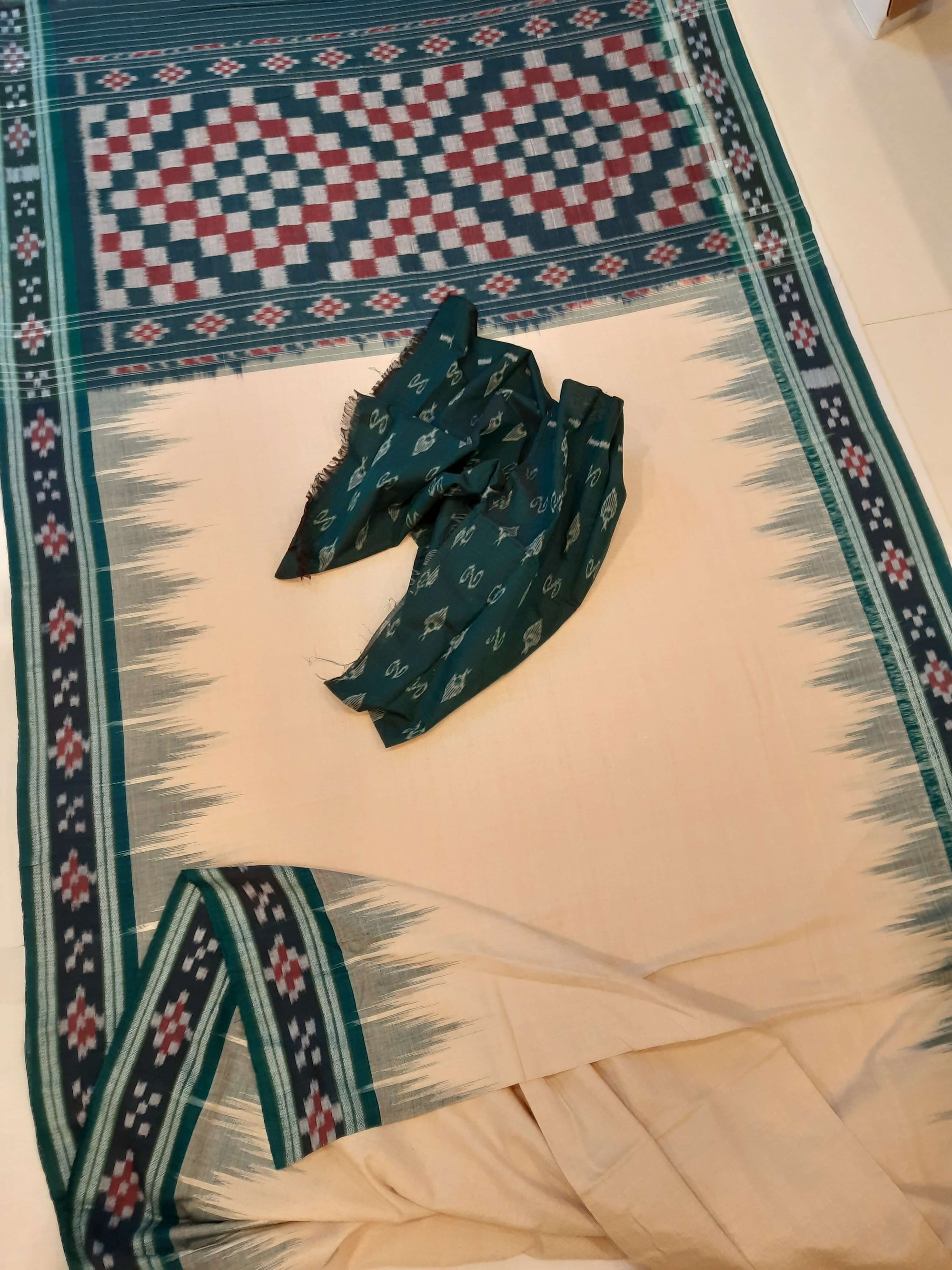 Beige with Green Cotton Odisha Ikat saree with cotton ikat blouse piece