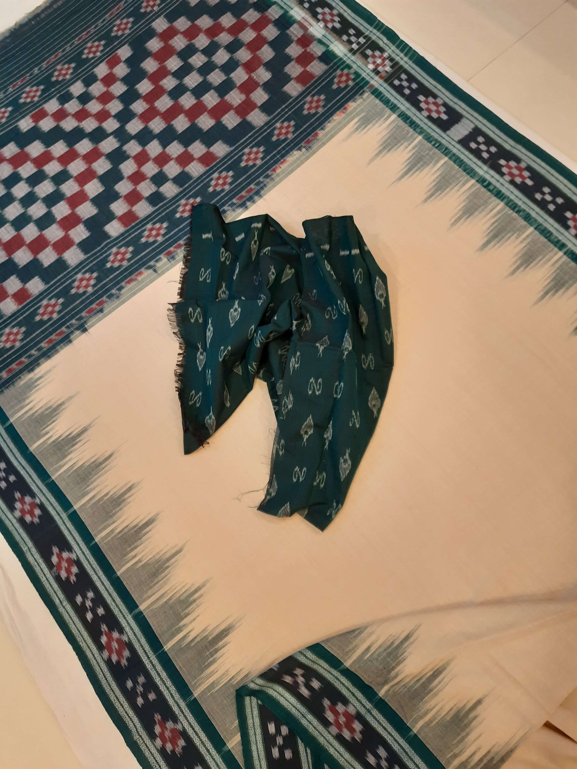 Beige with Green Cotton Odisha Ikat saree with cotton ikat blouse piece