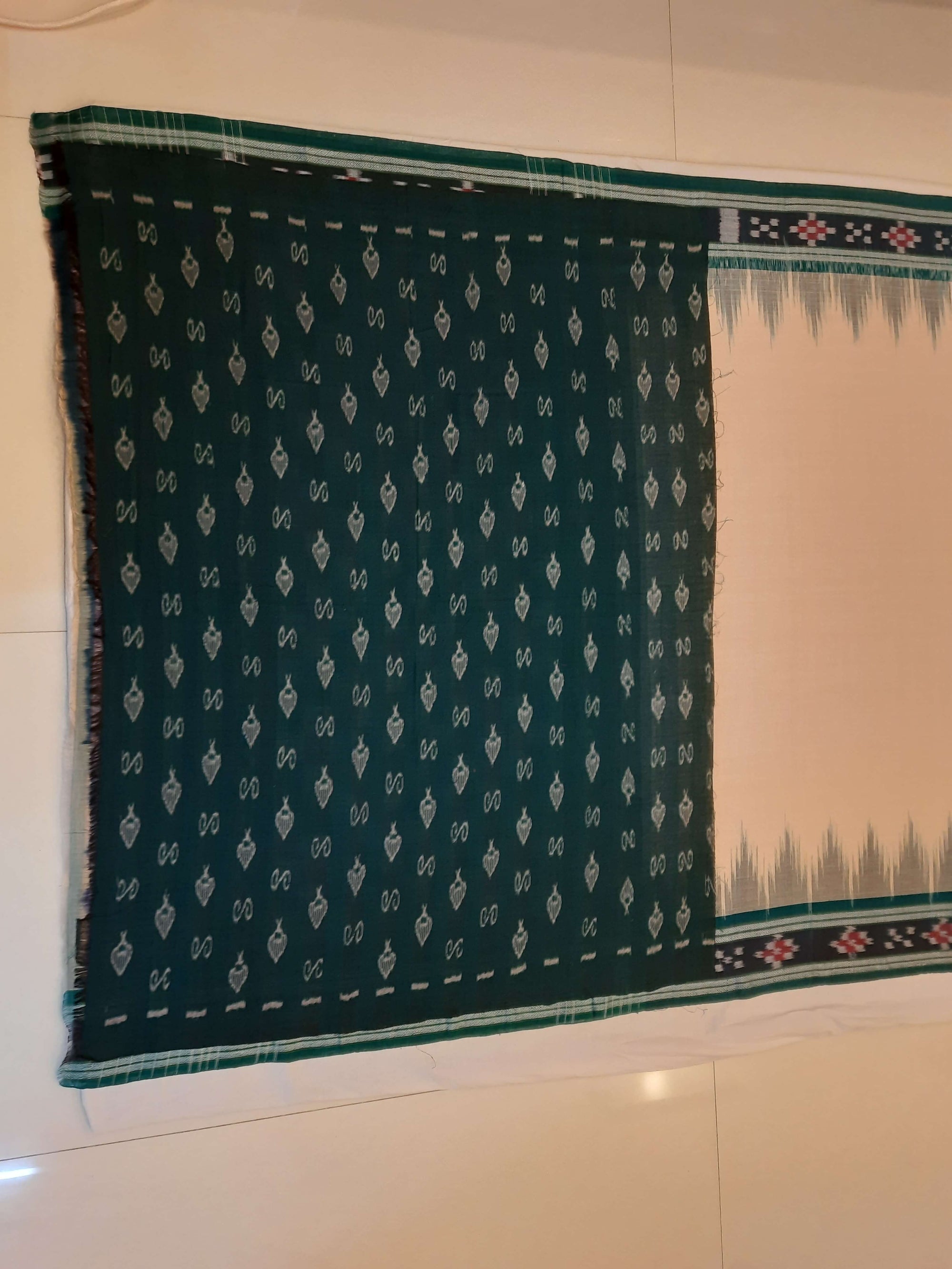 Beige with Green Cotton Odisha Ikat saree with cotton ikat blouse piece