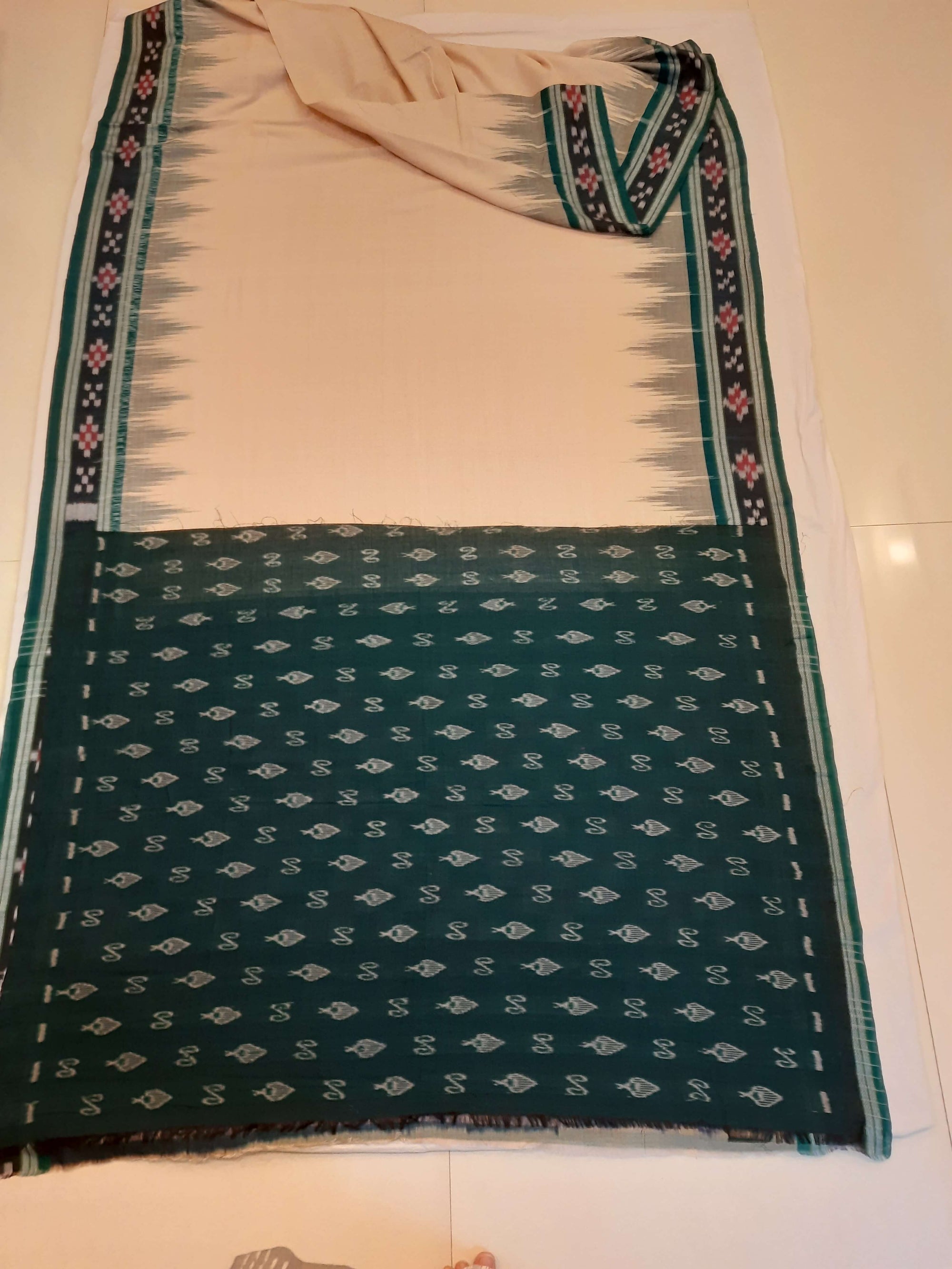 Beige with Green Cotton Odisha Ikat saree with cotton ikat blouse piece