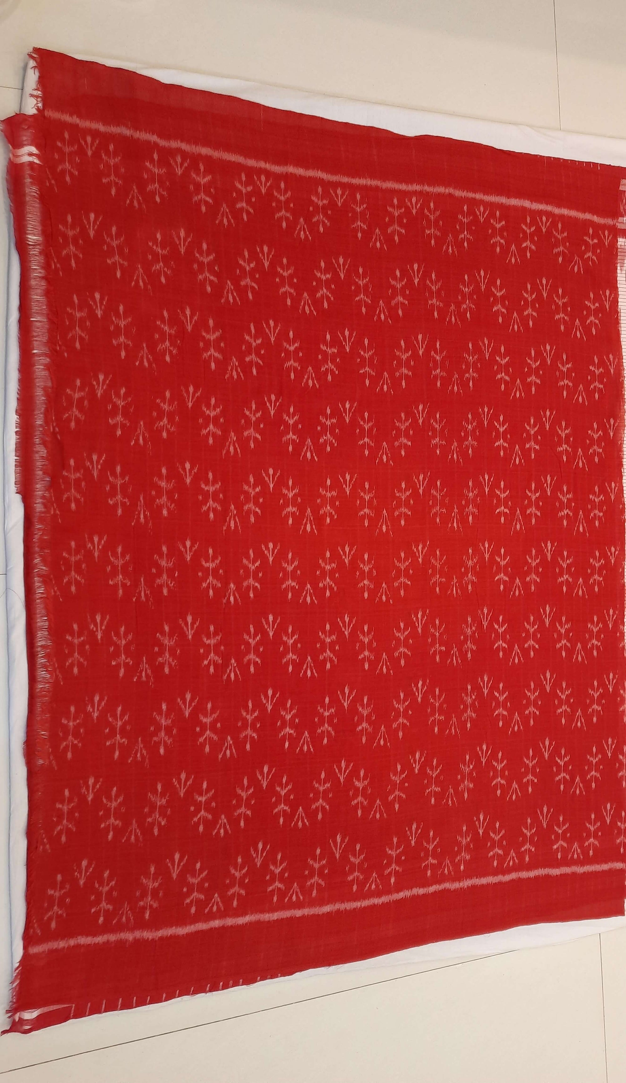 Off-white with Red Cotton Odisha Ikat saree with cotton ikat blouse piece