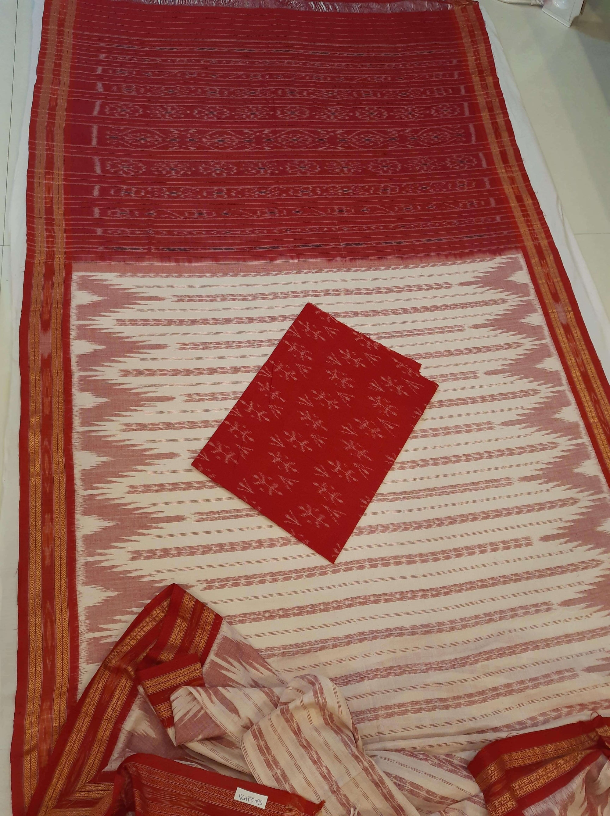Off-white with Red Cotton Odisha Ikat saree with cotton ikat blouse piece