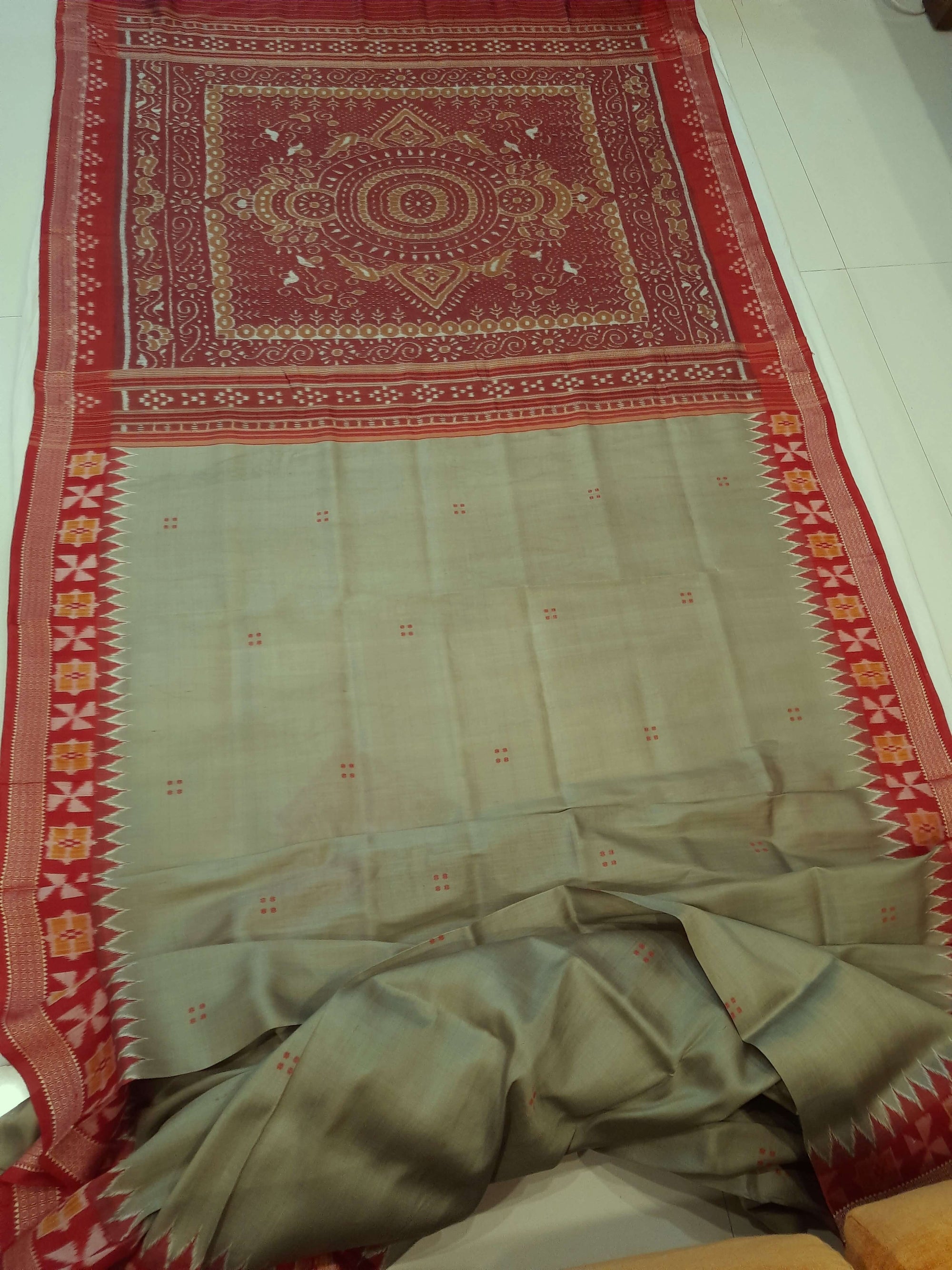 Greenish Grey Odisha Khandua Patta Silk Saree paired with cotton ikat blouse piece