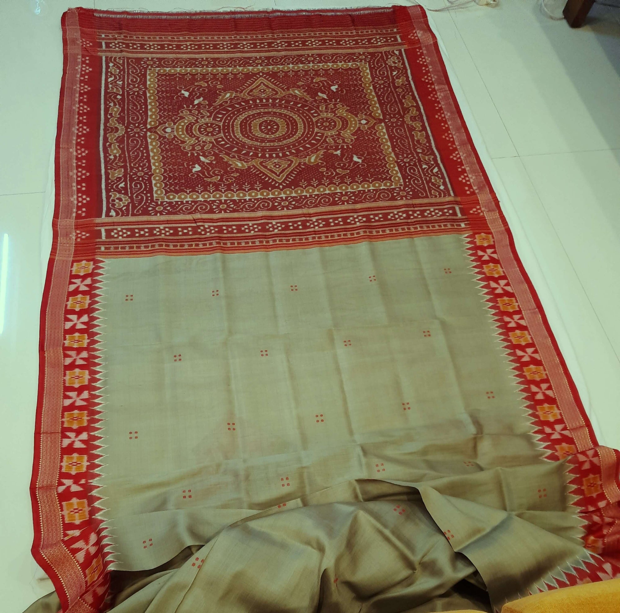 Greenish Grey Odisha Khandua Patta Silk Saree paired with cotton ikat blouse piece