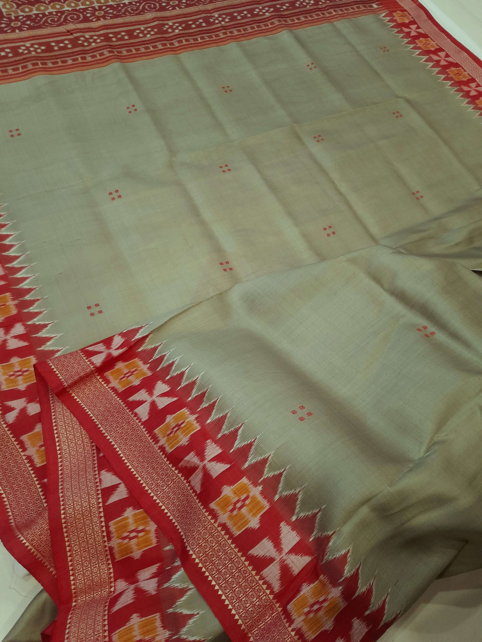 Greenish Grey Odisha Khandua Patta Silk Saree paired with cotton ikat blouse piece