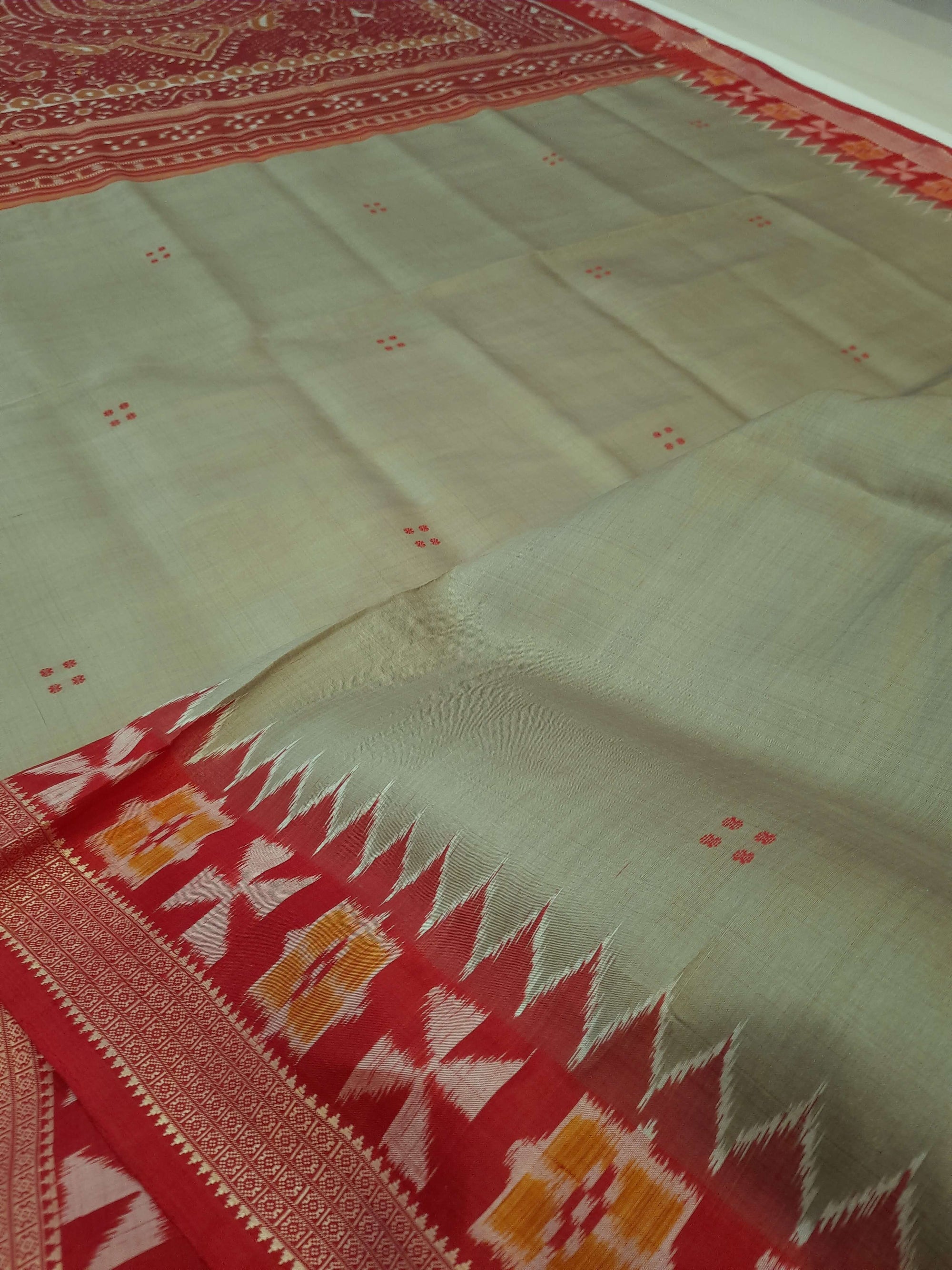 Greenish Grey Odisha Khandua Patta Silk Saree paired with cotton ikat blouse piece