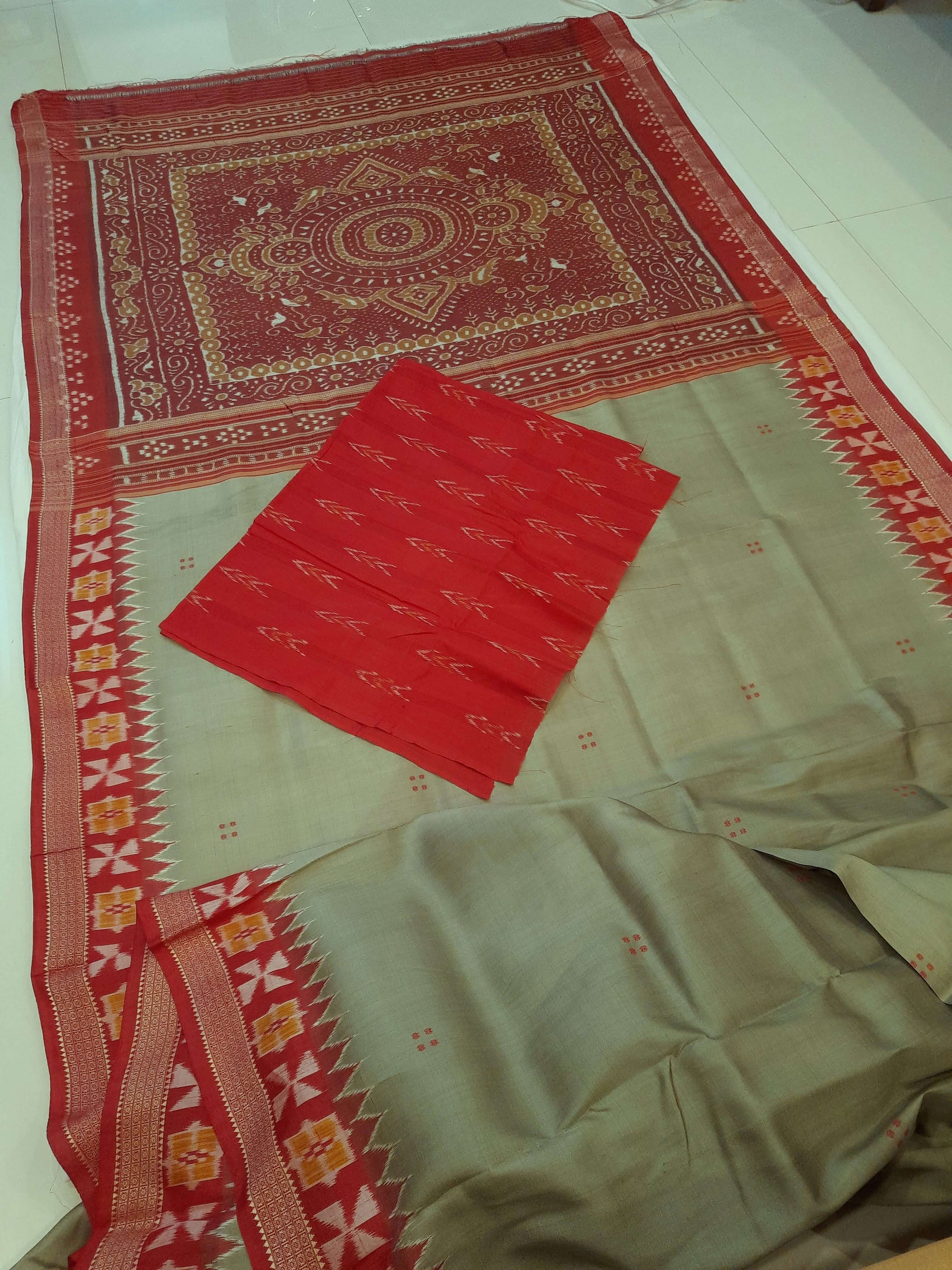 Greenish Grey Odisha Khandua Patta Silk Saree paired with cotton ikat blouse piece