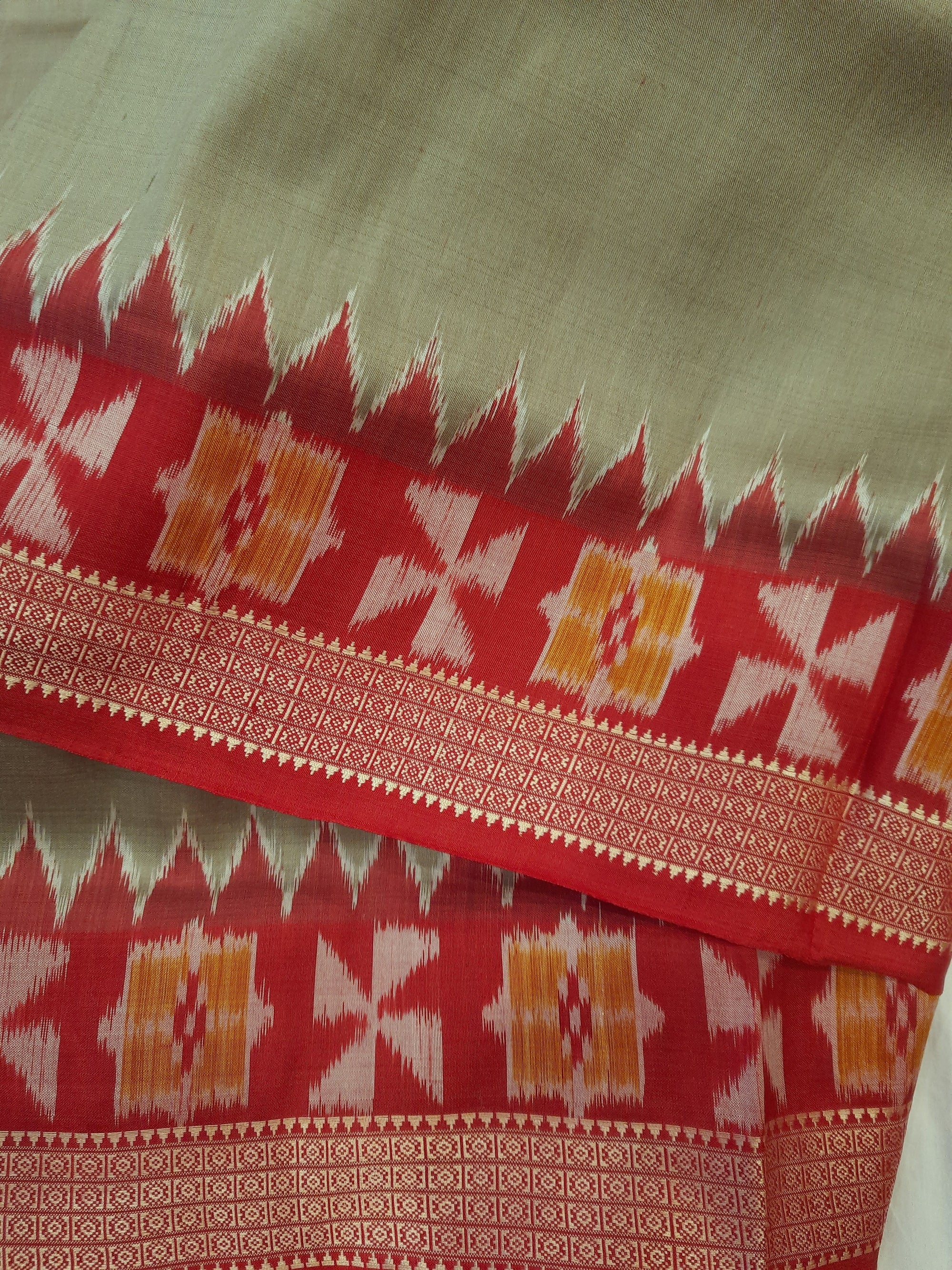 Greenish Grey Odisha Khandua Patta Silk Saree paired with cotton ikat blouse piece