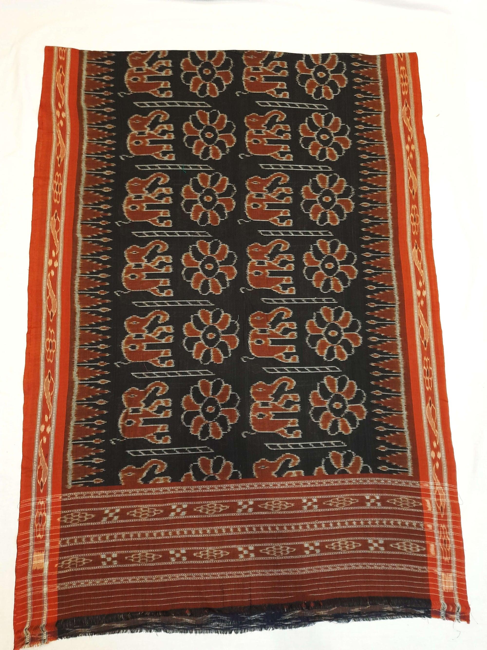 Black Cotton ikat Dupatta with elephant and flower motifs woven