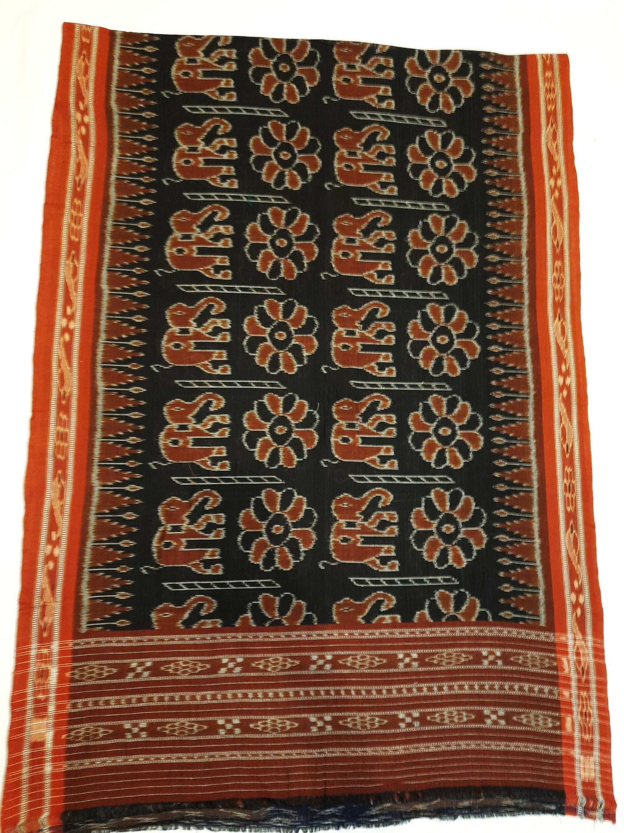 Black Cotton ikat Dupatta with elephant and flower motifs woven