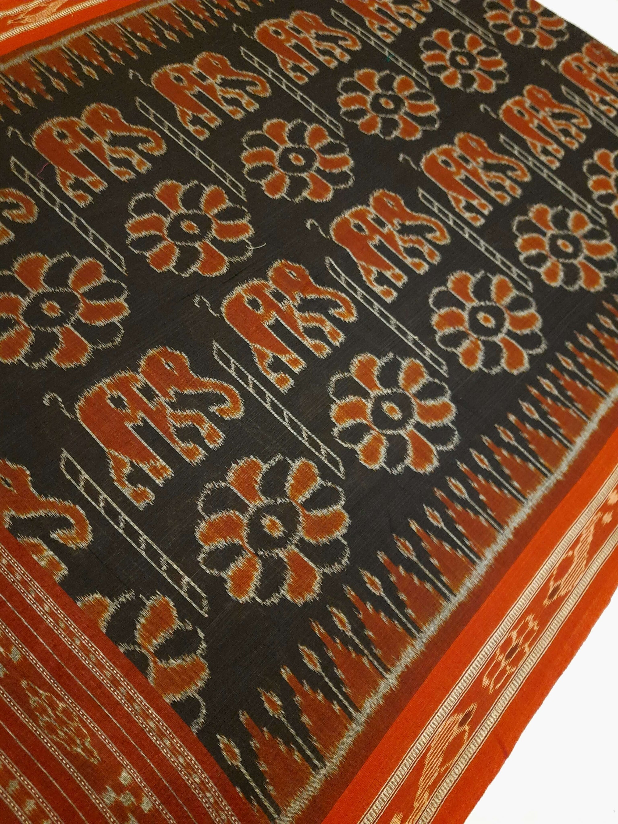 Black Cotton ikat Dupatta with elephant and flower motifs woven