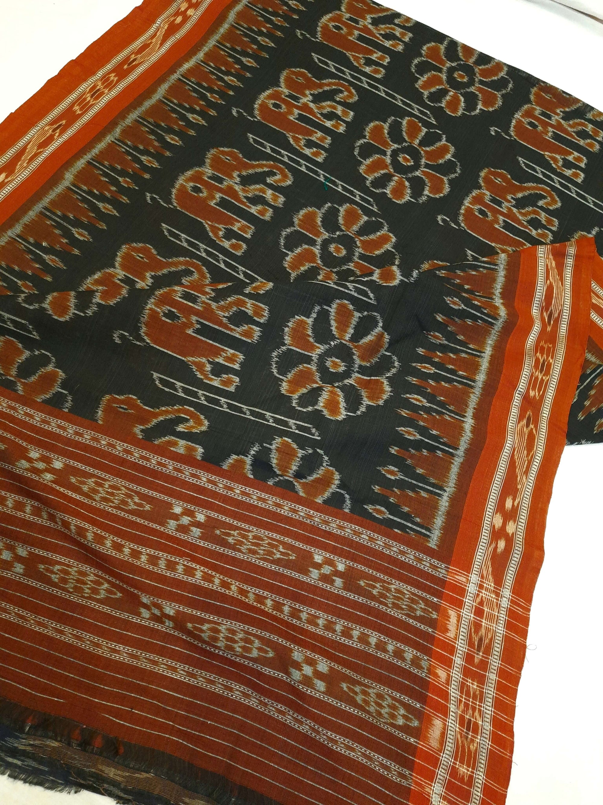 Black Cotton ikat Dupatta with elephant and flower motifs woven