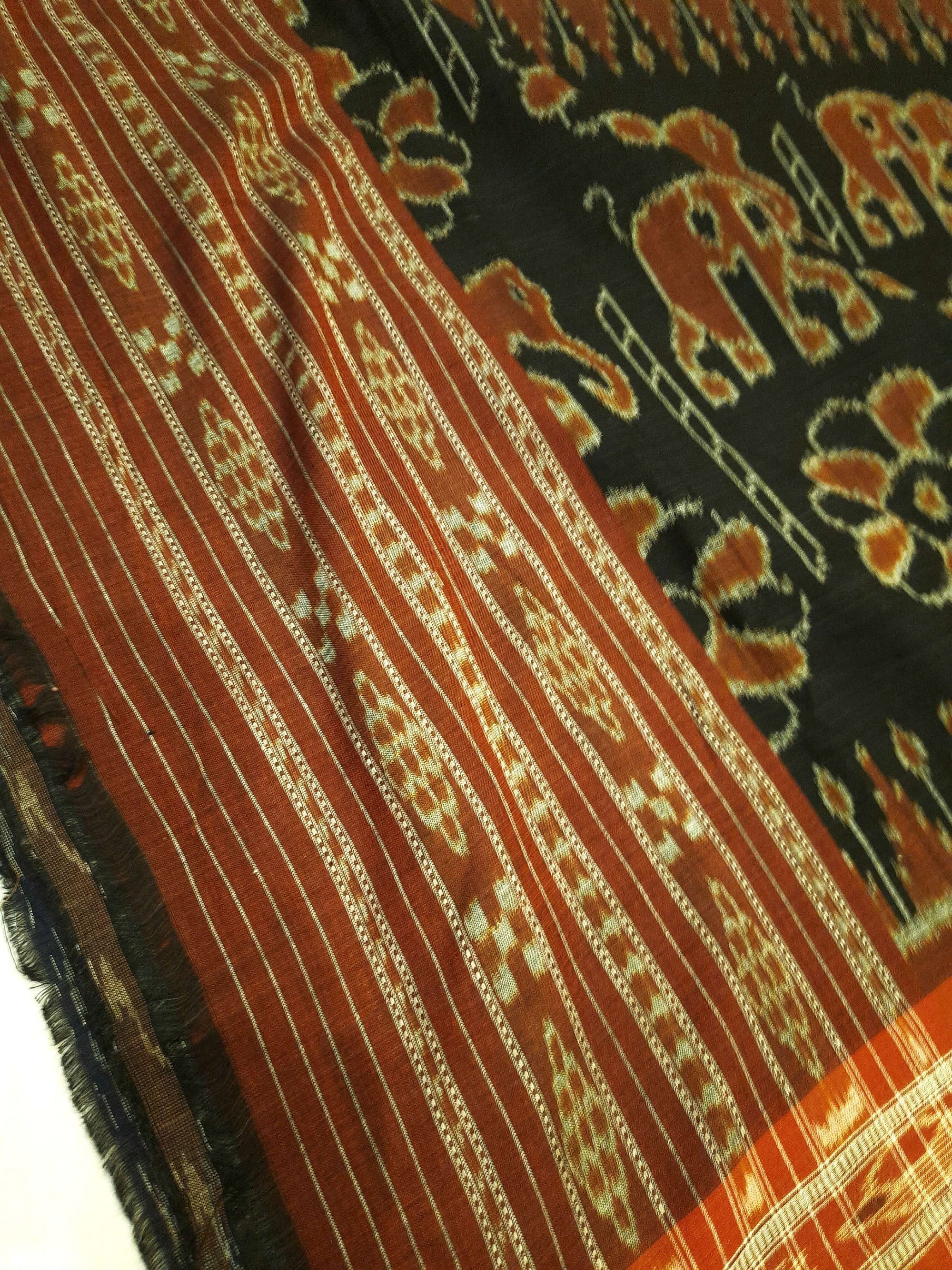 Black Cotton ikat Dupatta with elephant and flower motifs woven