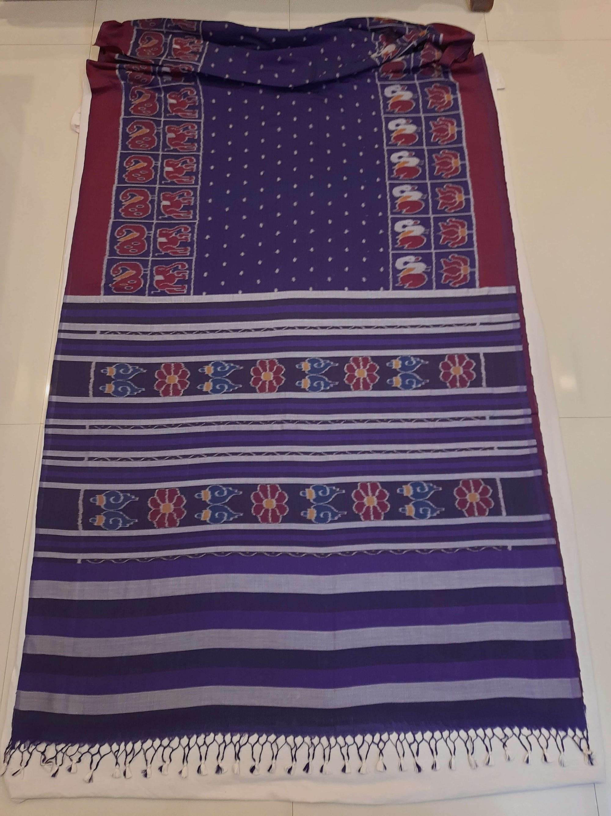 Blue cotton ikat wide border Saree with mix match cotton ikat blouse piece