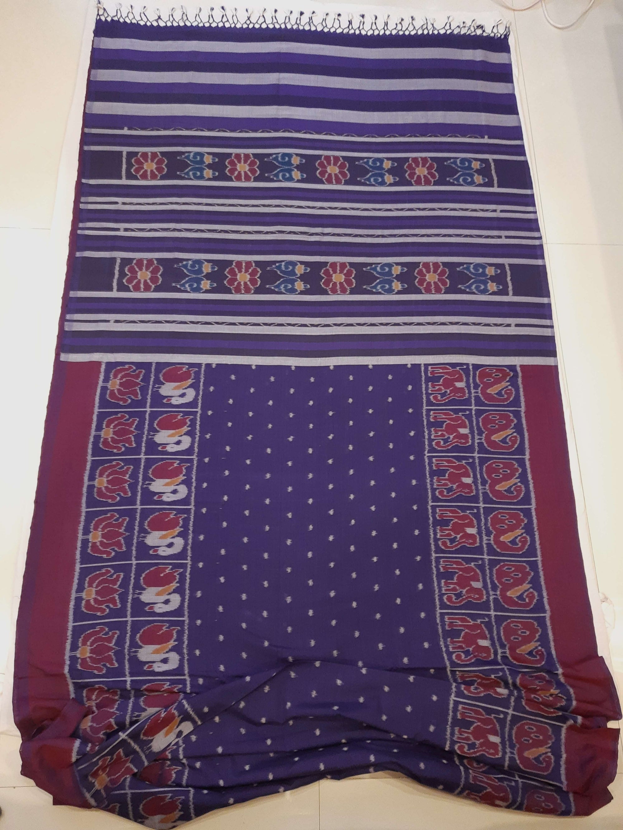 Blue cotton ikat wide border Saree with mix match cotton ikat blouse piece