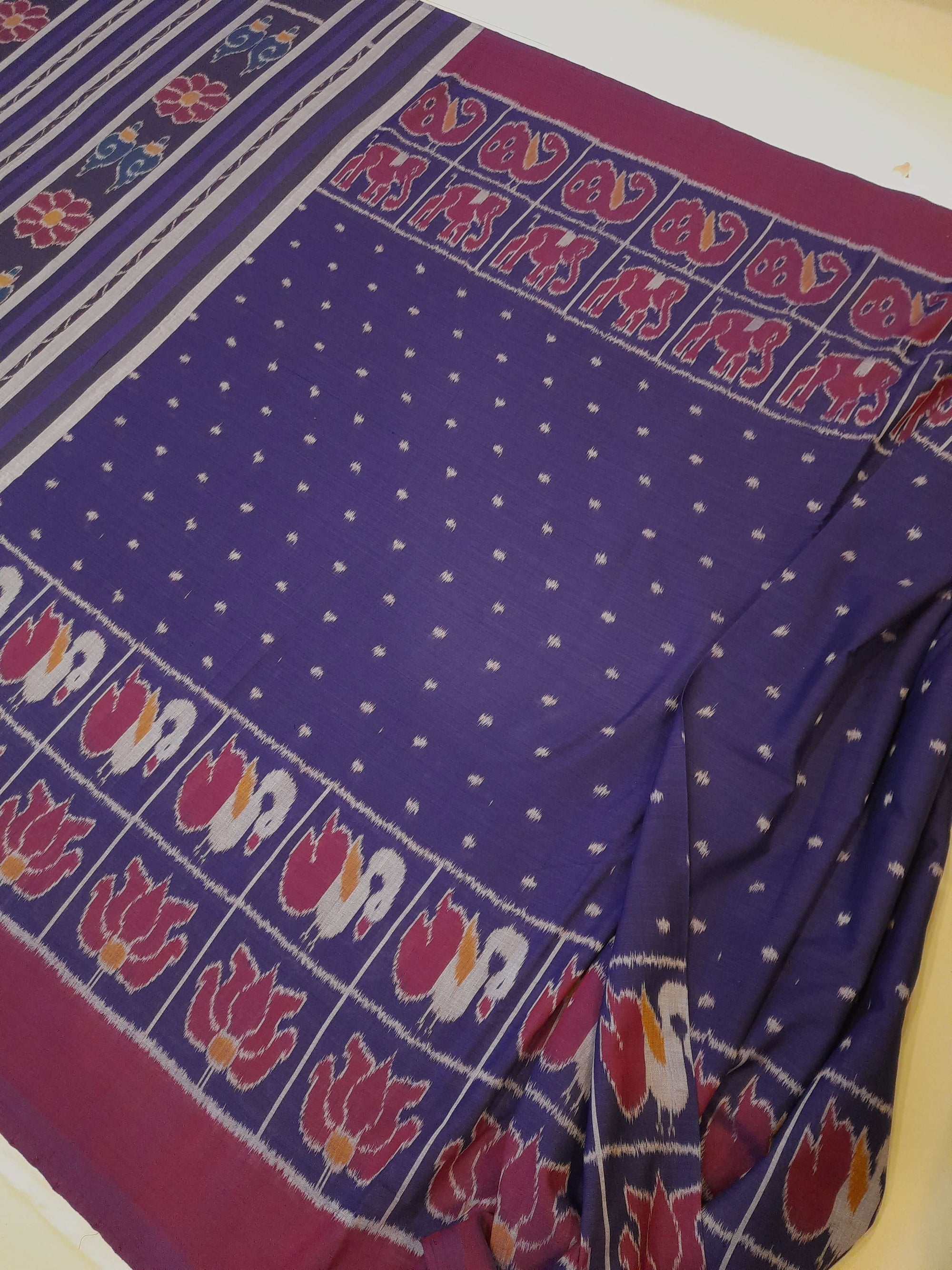 Blue cotton ikat wide border Saree with mix match cotton ikat blouse piece