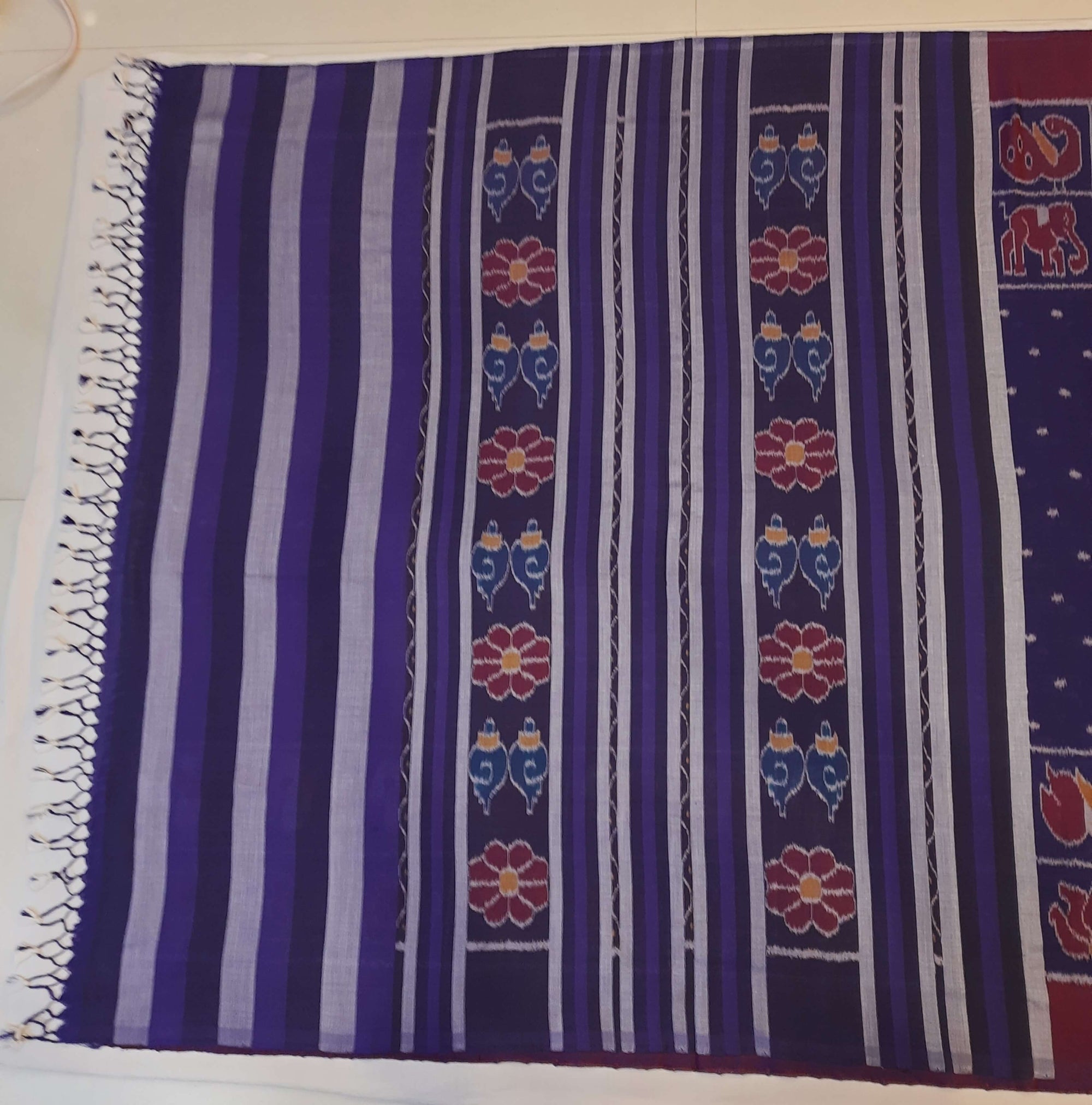 Blue cotton ikat wide border Saree with mix match cotton ikat blouse piece
